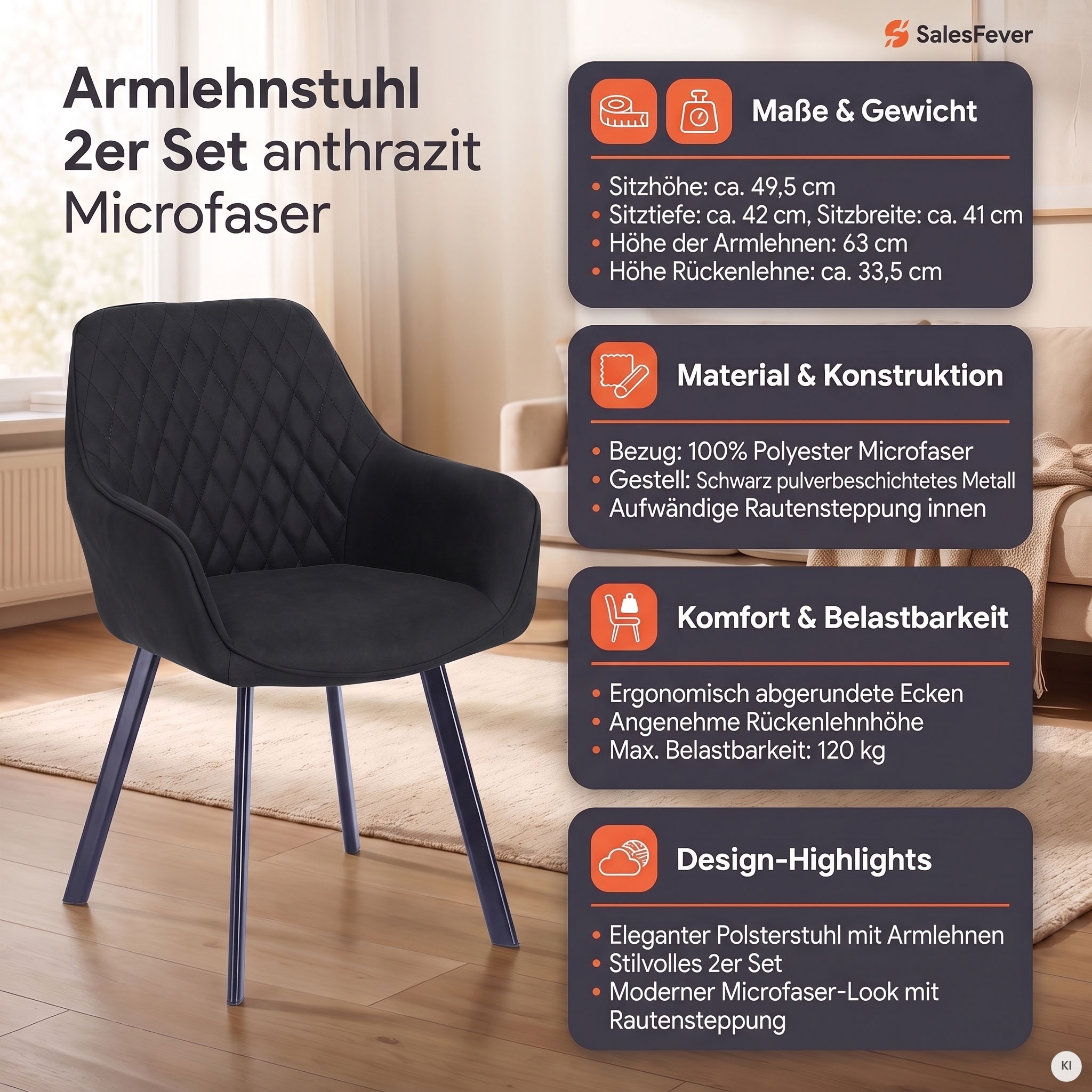 SalesFever Armlehnstuhl »Cardiff Bequemer Esszimmerstuhl« (Set) 2 Stk.Edles Doppelset: Rückenlehnen mit charmanter Rautensteppung