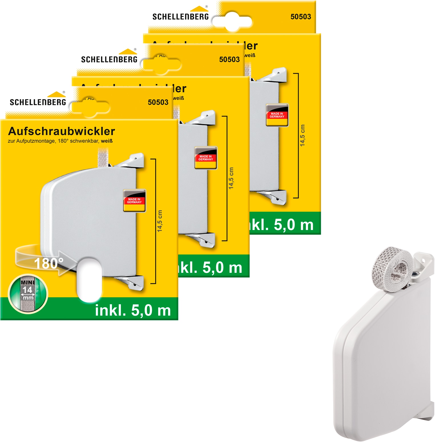 SCHELLENBERG 1100000002199 "Aufschraubwickler für das Rollladensystem Mini" Set, 3 tlg. tlg. schwenkbar, mit vormontiertem Rollladengurtband, braun oder weiß