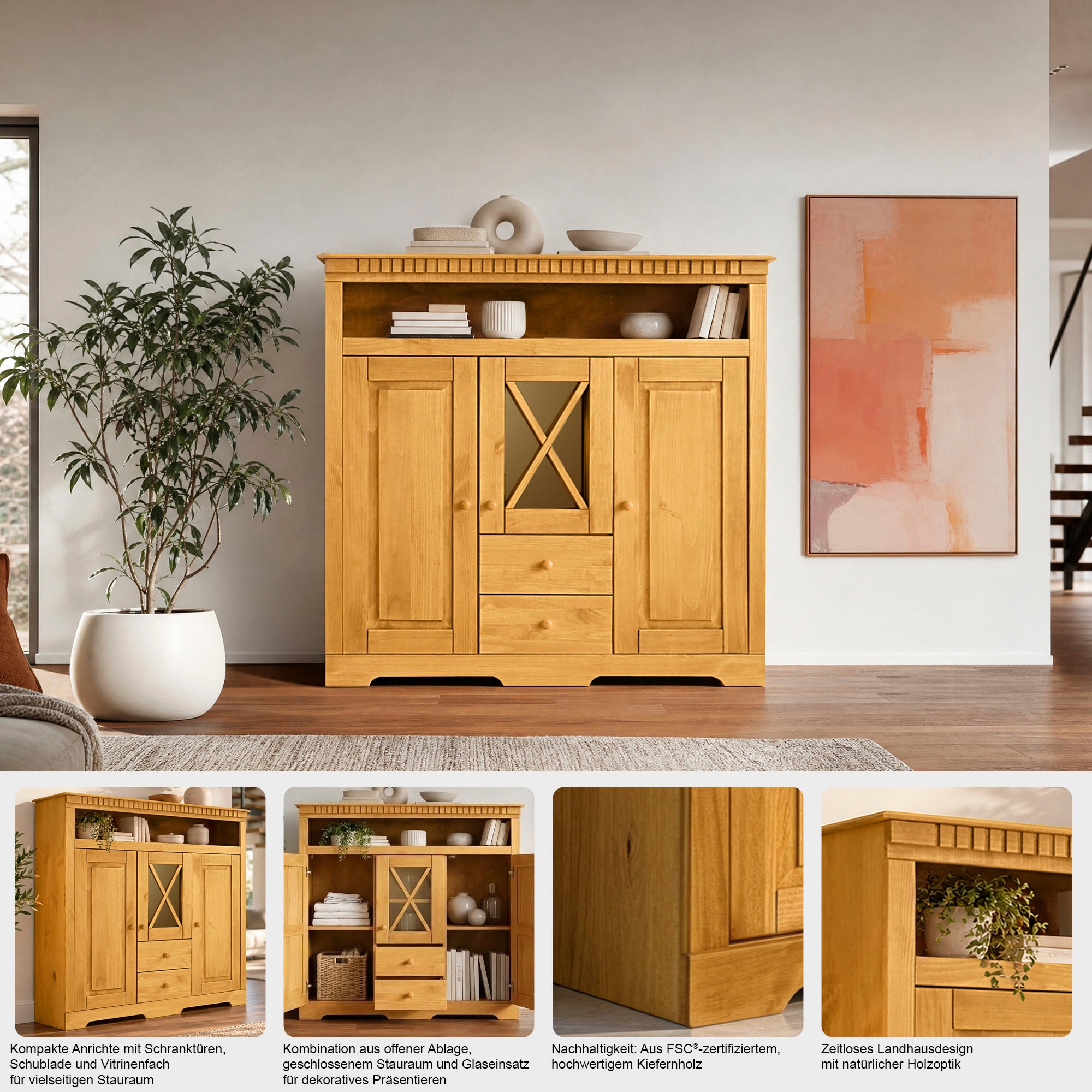 OTTO home Highboard »Lisa« Stauraumschrank aus massivem Kiefernholz, mit dekorativen Fräsungen
