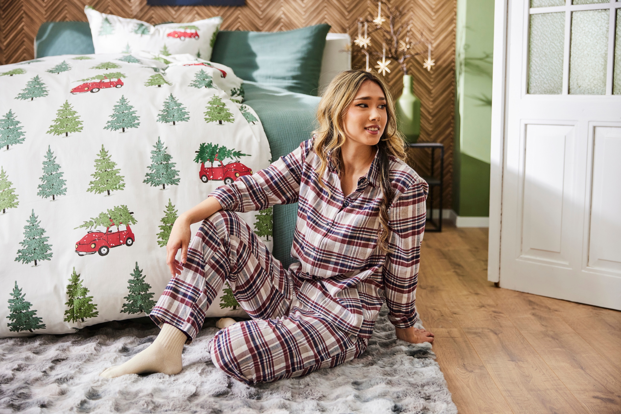 Schiesser Schlafanzug »Familiy« 2 Stk. tlg., kariert, Knöpfe vorn, Baumwolle, langärmelig