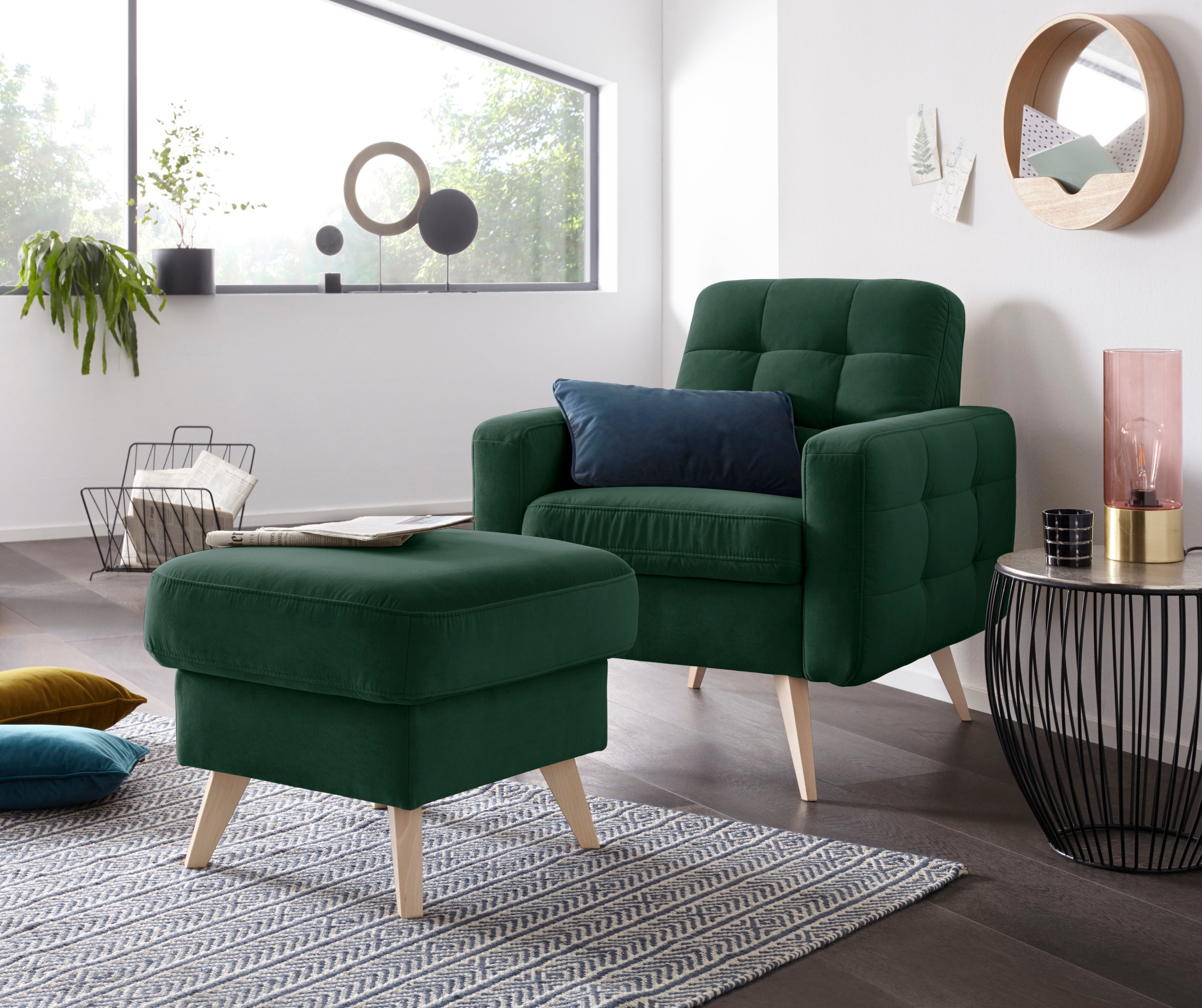 exxpo - sofa fashion Sessel »Nappa, Loungesessel, aktuelle Rückensteppung, bequem und modern«, hoher Holzfuß