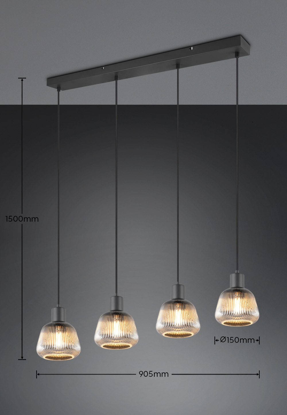 TRIO Leuchten Pendelleuchte »TARIFA, 4-flammige Hängeleuchte exkl 4xE27 max 25W, Glas Hängelampe« E27 1 Stk. warmweiß - kaltweiß höhenverstellbar max 150cm Glas in Riffeloptik und leicht verspiegelt