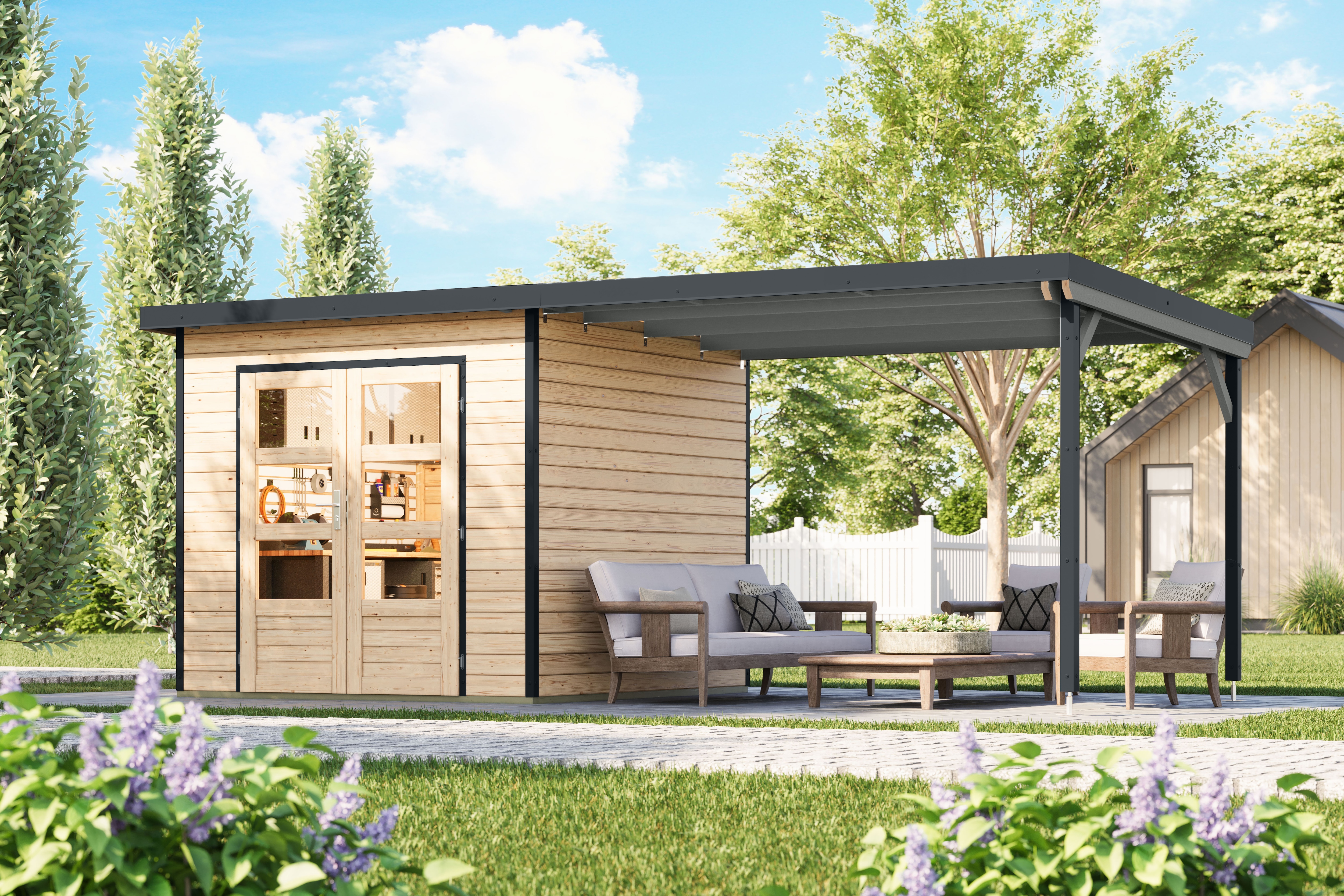 Karibu Gartenhaus "Plutino 3 SET, in verschiedenen Farben" inkl. Anbaudach