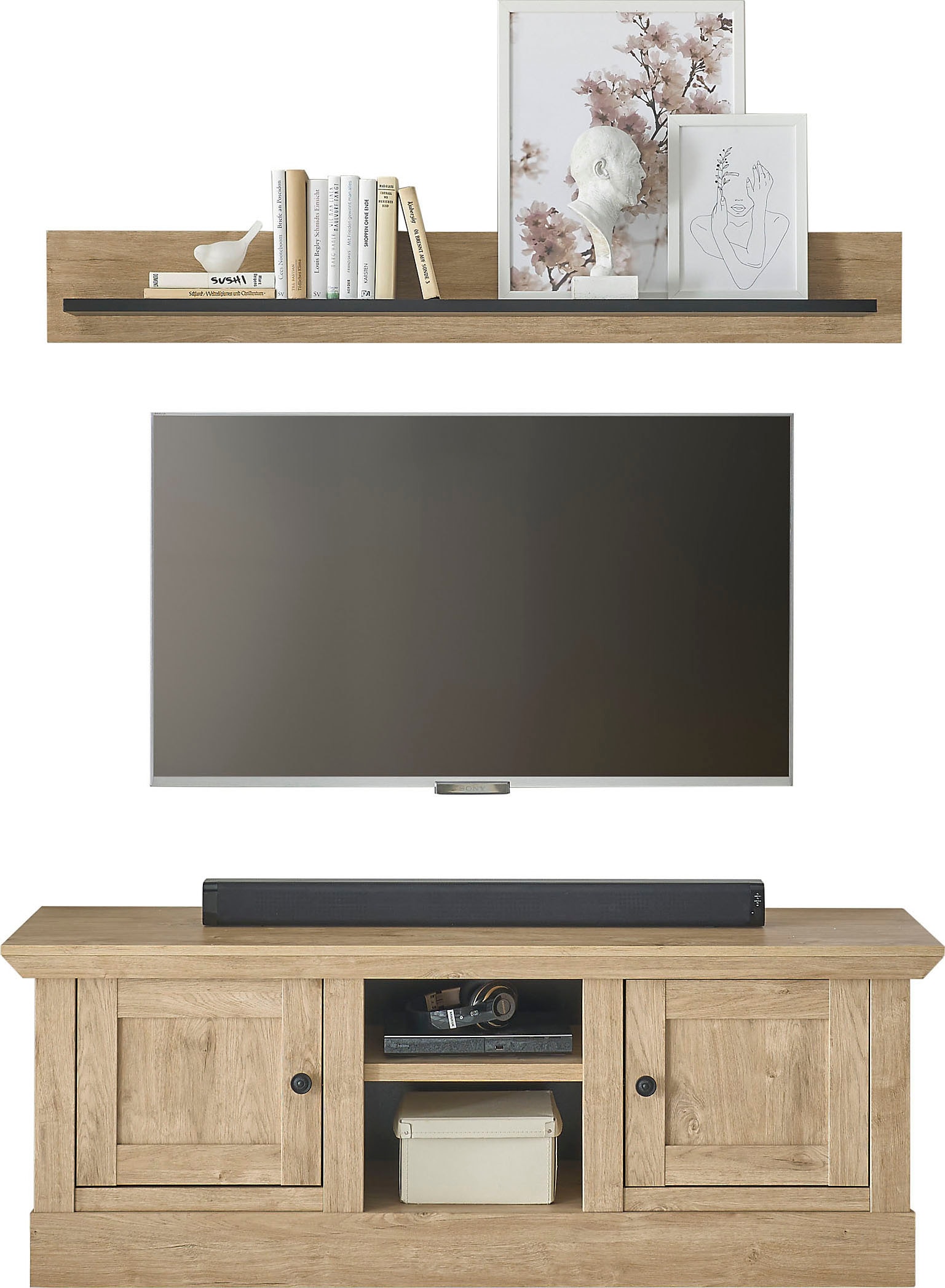 Home affaire Wohnwand »Cornwall, Anbauwand im Landhausstil, Wohnzimmer-Set, Eiche Dekor«, (Set, 2 St.), enthält Lowboard, Wandboard, Eiche Dekor, 152 cm breit