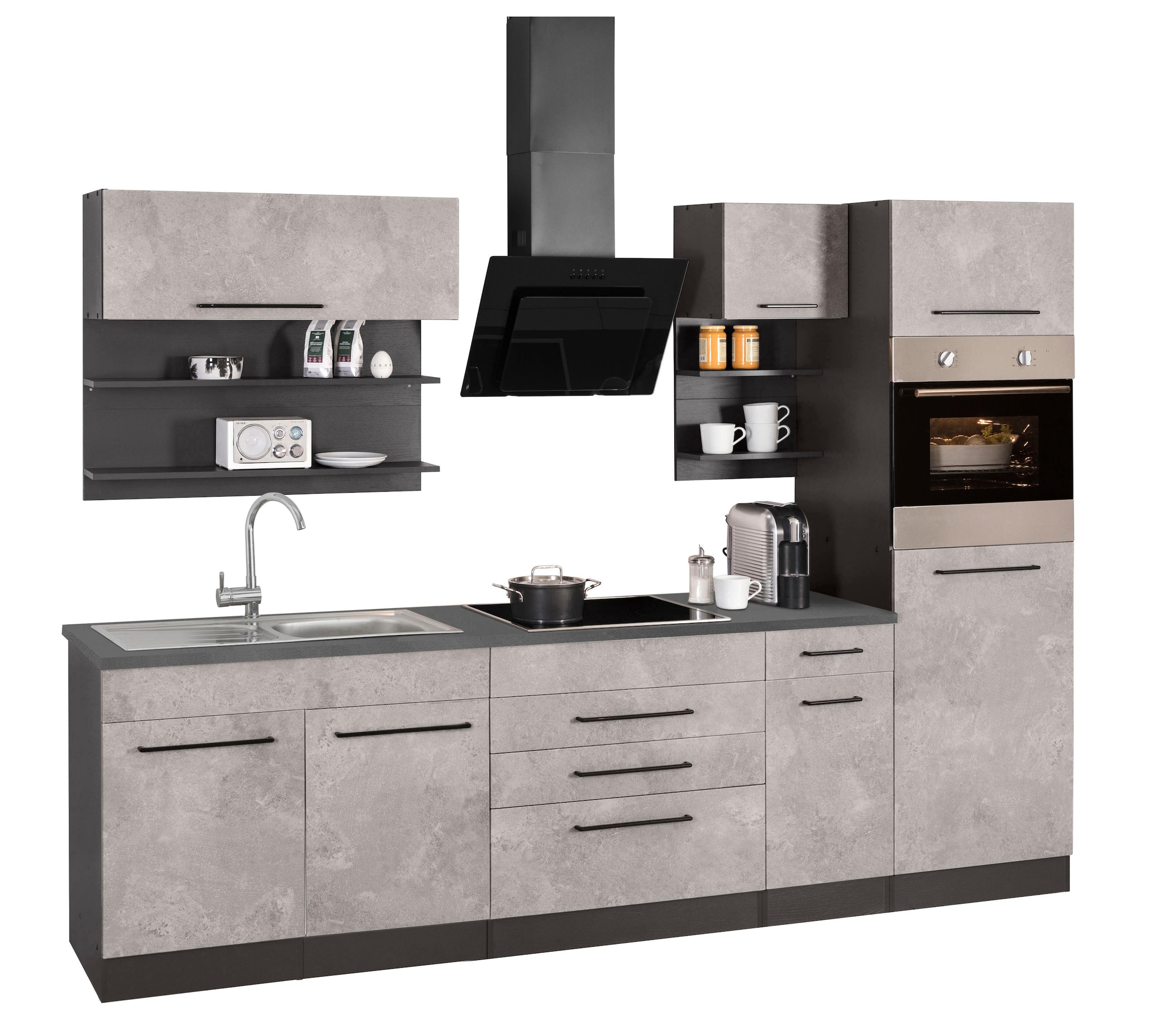 KOCHSTATION Küchenzeile »KS-Tulsa«, mit E-Geräten, Breite 290 cm, schwarze Metallgriffe, MDF Fronten