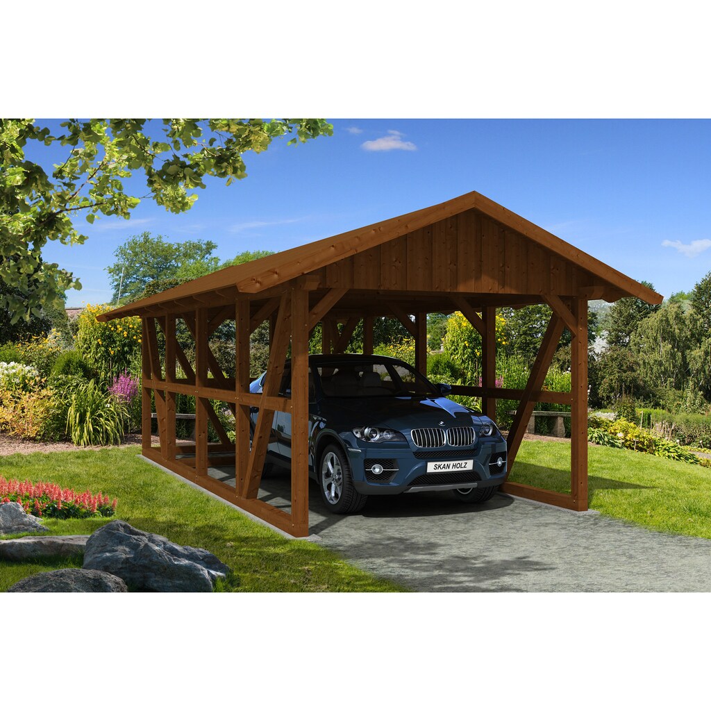 Skanholz Einzelcarport »Schwarzwald«, KVH, Fichte, 300 cm, Nussbaum, 424x772cm mit Abstellraum und Dachschalung