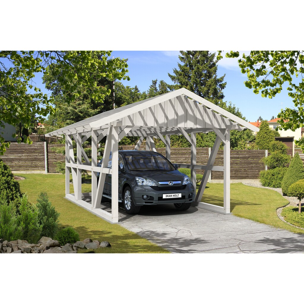 Skanholz Einzelcarport »Schwarzwald«, KVH, Fichte, 300 cm, Weiß, 424x600cm mit Rückwand und Dachlattung