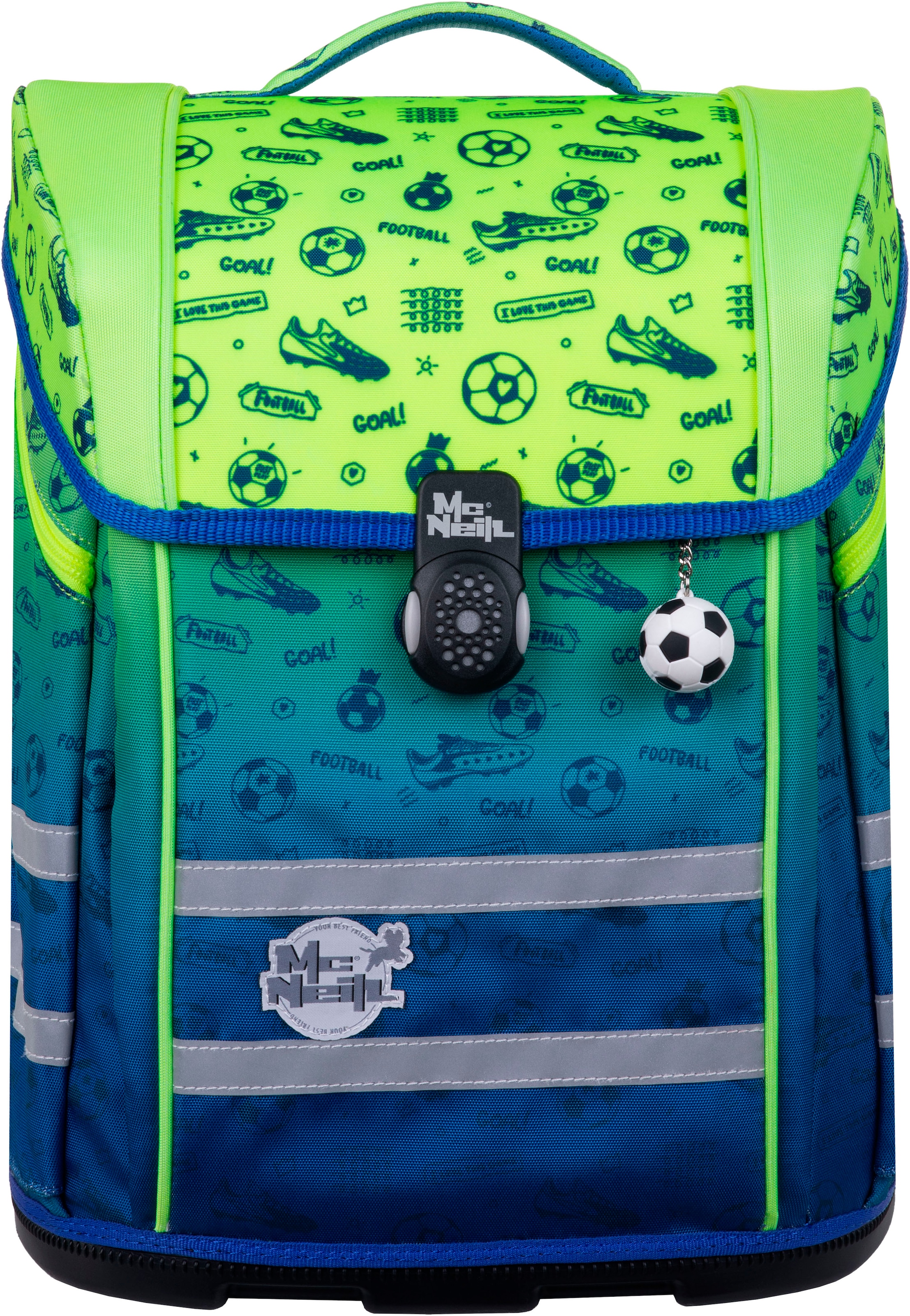 McNeill Schulranzen »Perfecto, Football 2T«, reflektierende Streifen auf den Schultergurten-retroreflektierende Flächen, inkl. Federmäppchen, Turnbeutel, Schlamperrolle & Motivmagnet