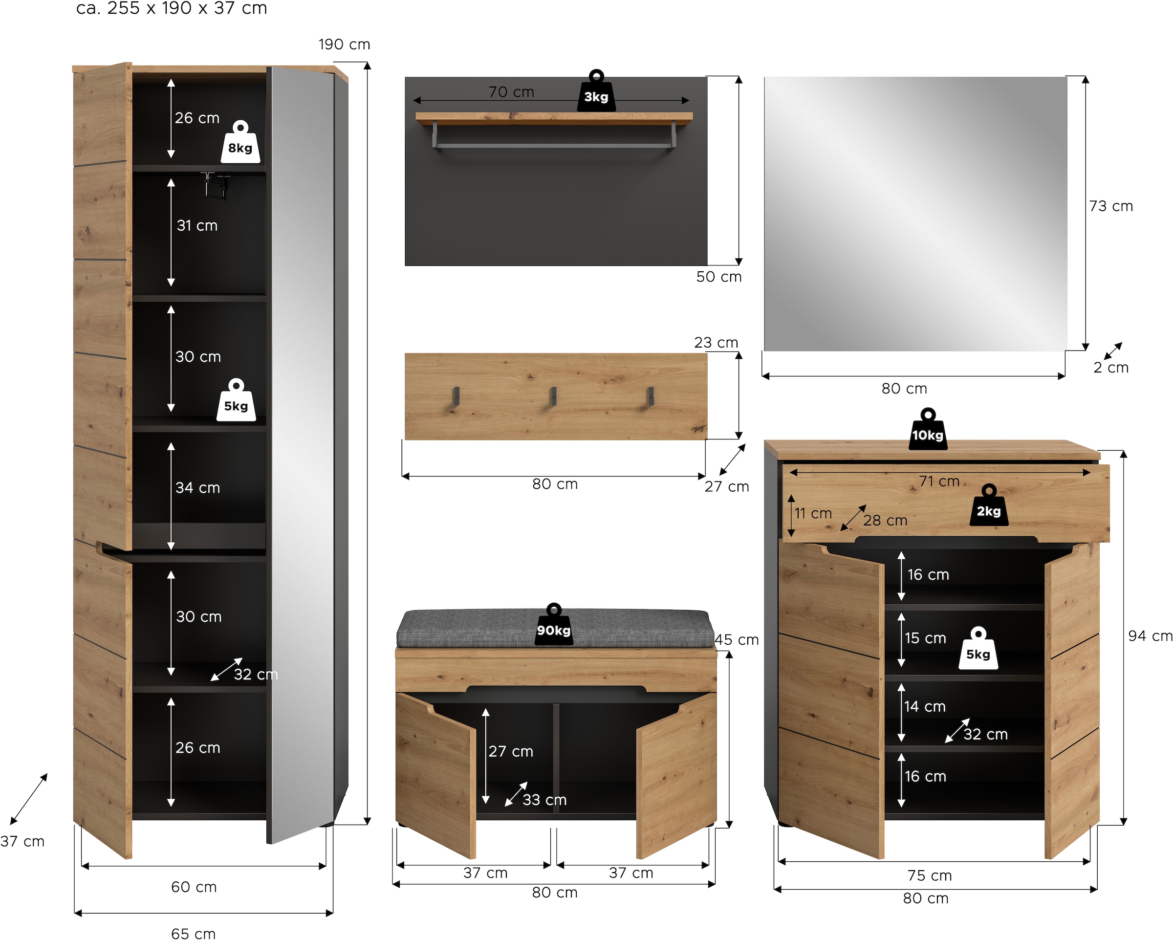 INOSIGN Garderoben-Set, (Set, 6 St., Schrank, Sitzbank, Sitzkissen, Paneel, Hakenleiste, Spiegel, Kommode), Garderobenkombination, Kombination, Set, Flurgarderobe, Diele