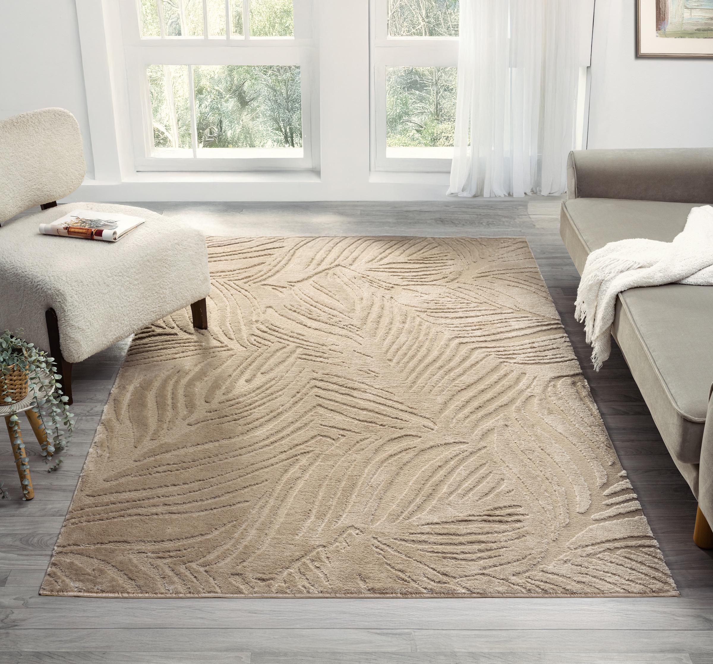 OTTO home Teppich »Samia, Hoch-Tief-Struktur«, rechteckig, 19 mm Höhe, leichter Glanz, Floral, Blätter, Modern, Wohnzimmer, Schlafzimmer