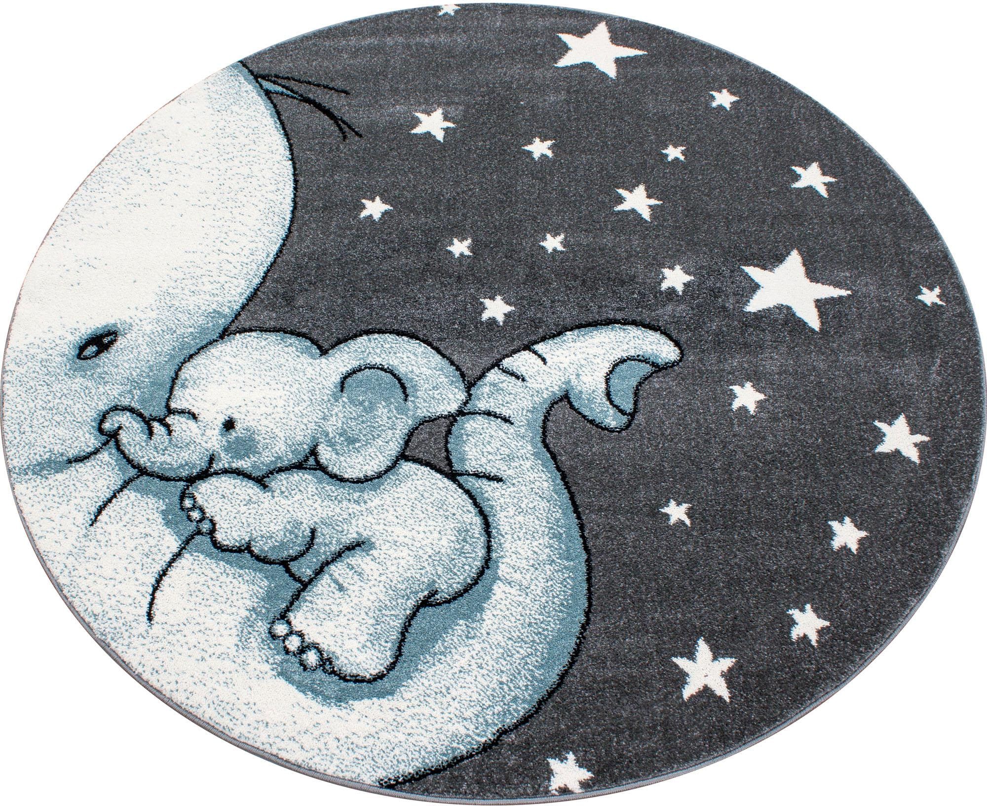 Kinderteppich AYYILDIZ TEPPICHE "Kids 560" Gr. 10, blau, H:12mm Ø:160cm, Kunstfaser, Teppiche, Kinderteppich, auch rechteckig, Elefanten Baby Sterne, Kurzflor