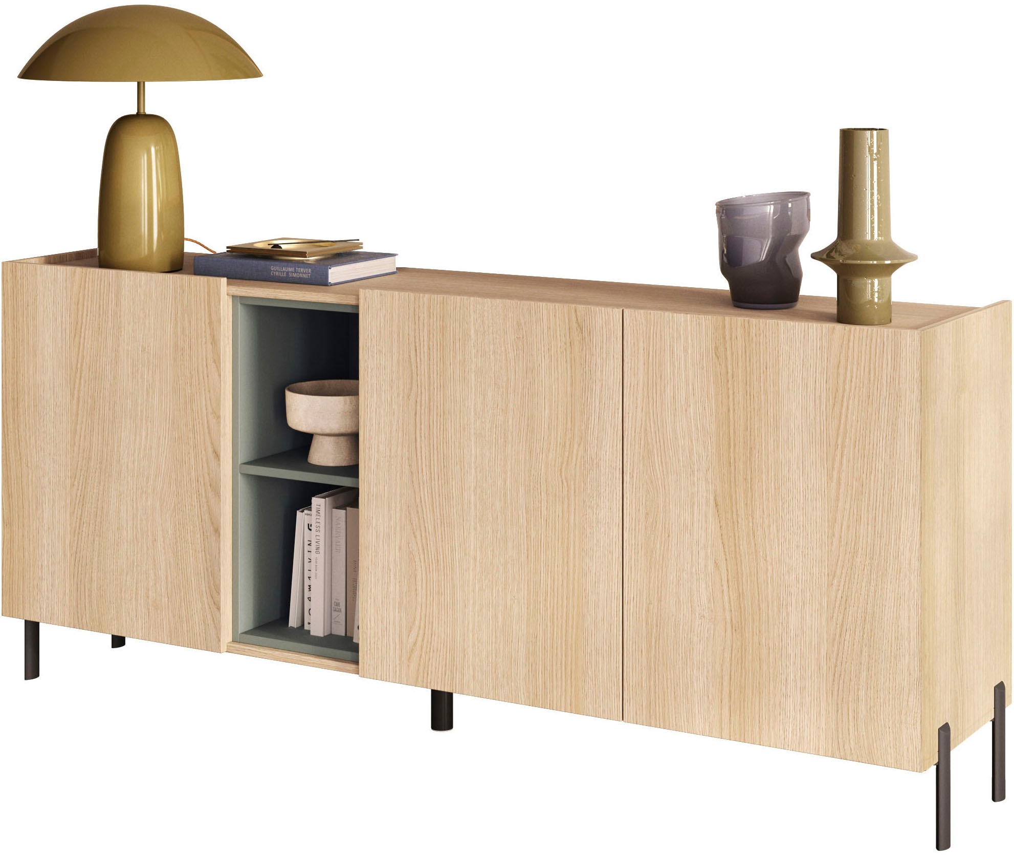 OTTO home Sideboard »Badia, 182 cm breit, 2 Türen, Anrichte, Kommode, Stauraumschrank« Innenliegendes Top, gerade Metallfüße, salbeigrüne Farbakzente