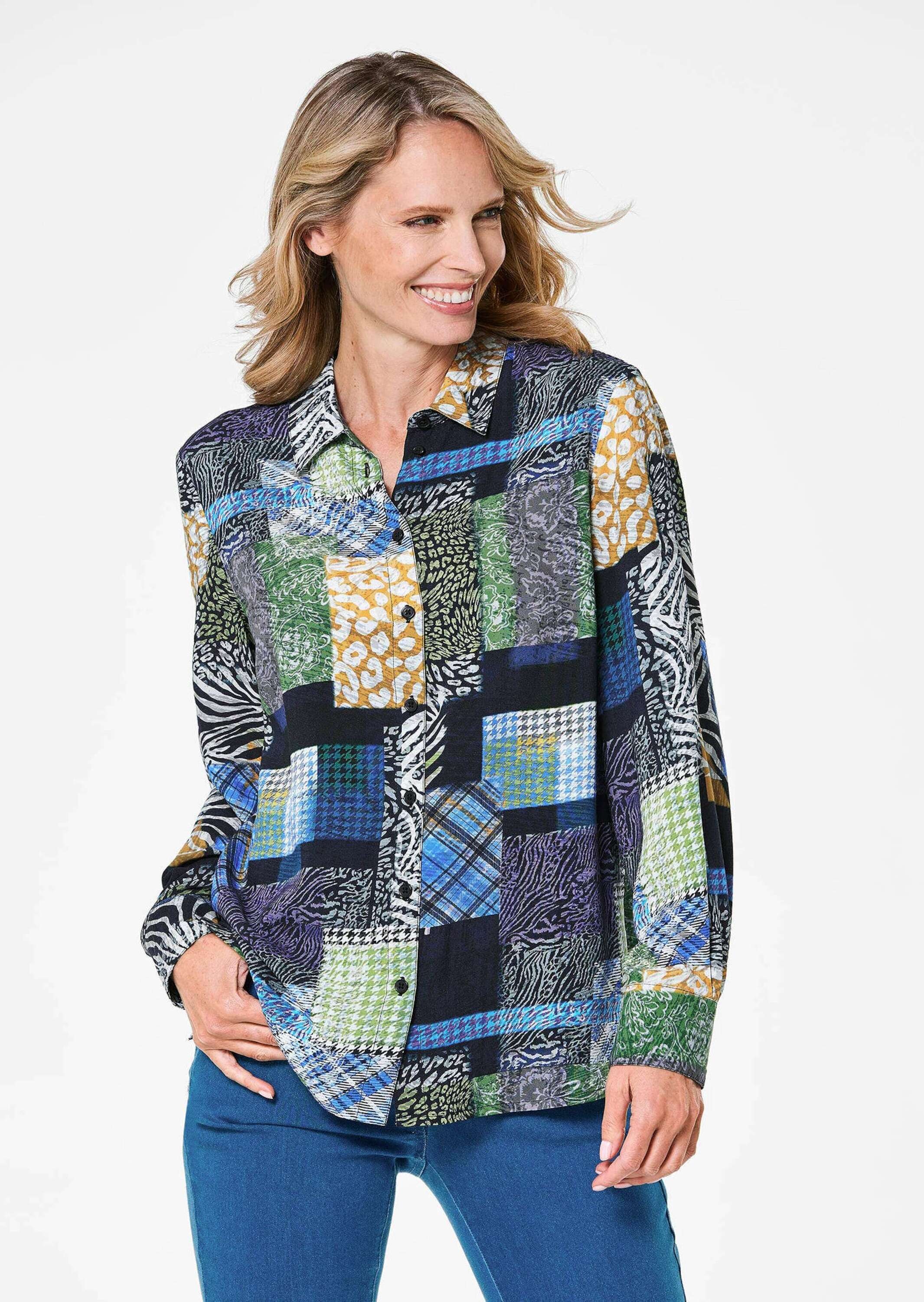Klassische Bluse GOLDNER "Patchworkbluse mit Allover-Druck", Damen, Gr. 42, blau (marine, gemustert), Obermaterial: 100% Viskose CV., figurumspielend, Manschette, Blusen, Knopfleiste 2