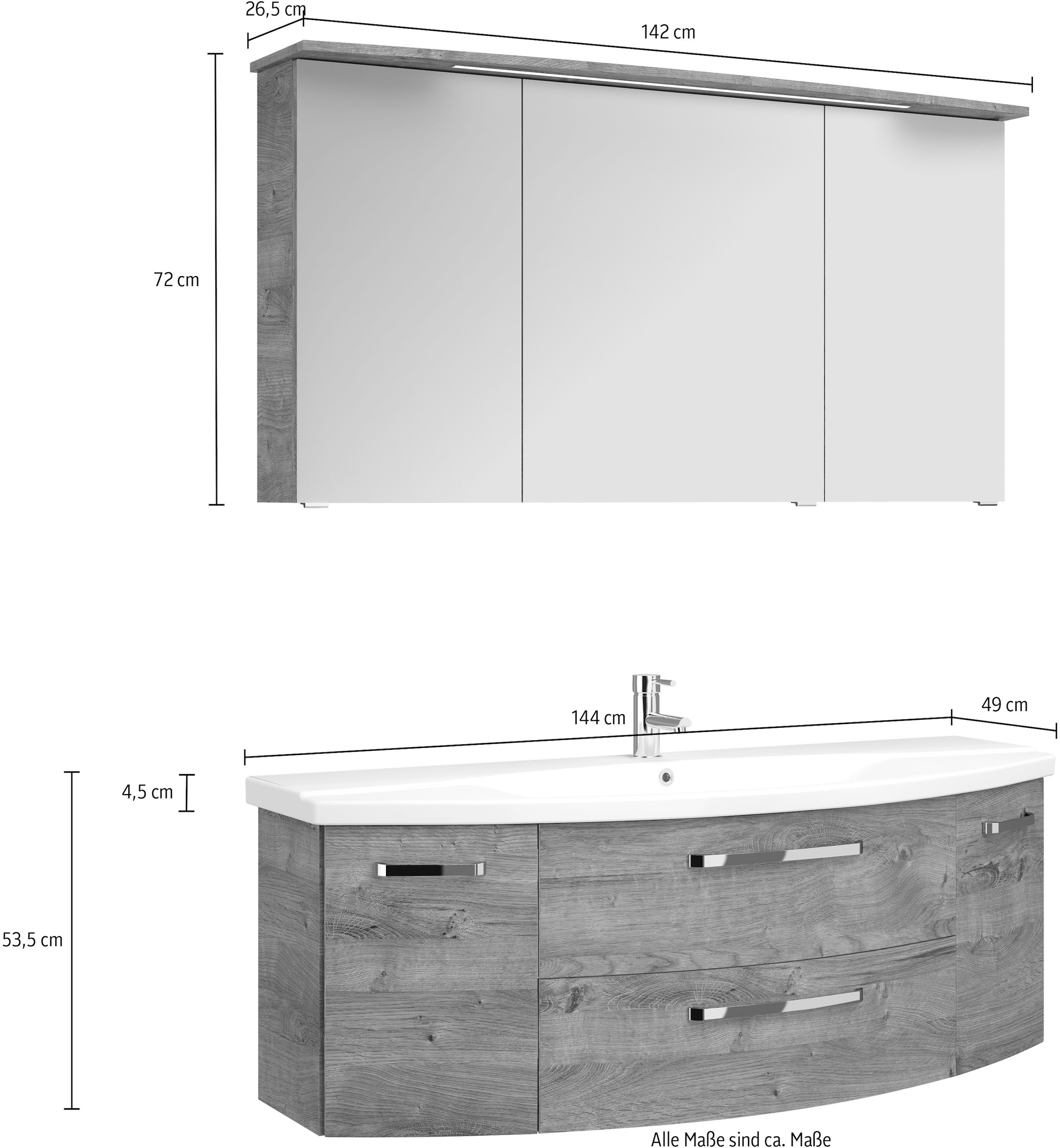 Saphir Badmöbel-Set »Serie 4010 2-teilig Keramik-Waschtisch mit LED-Spiegelschrank«, (Set), Badezimmer Set 144 cm breit, inkl. Türdämpfer, 5 Türen, 2 Schubladen