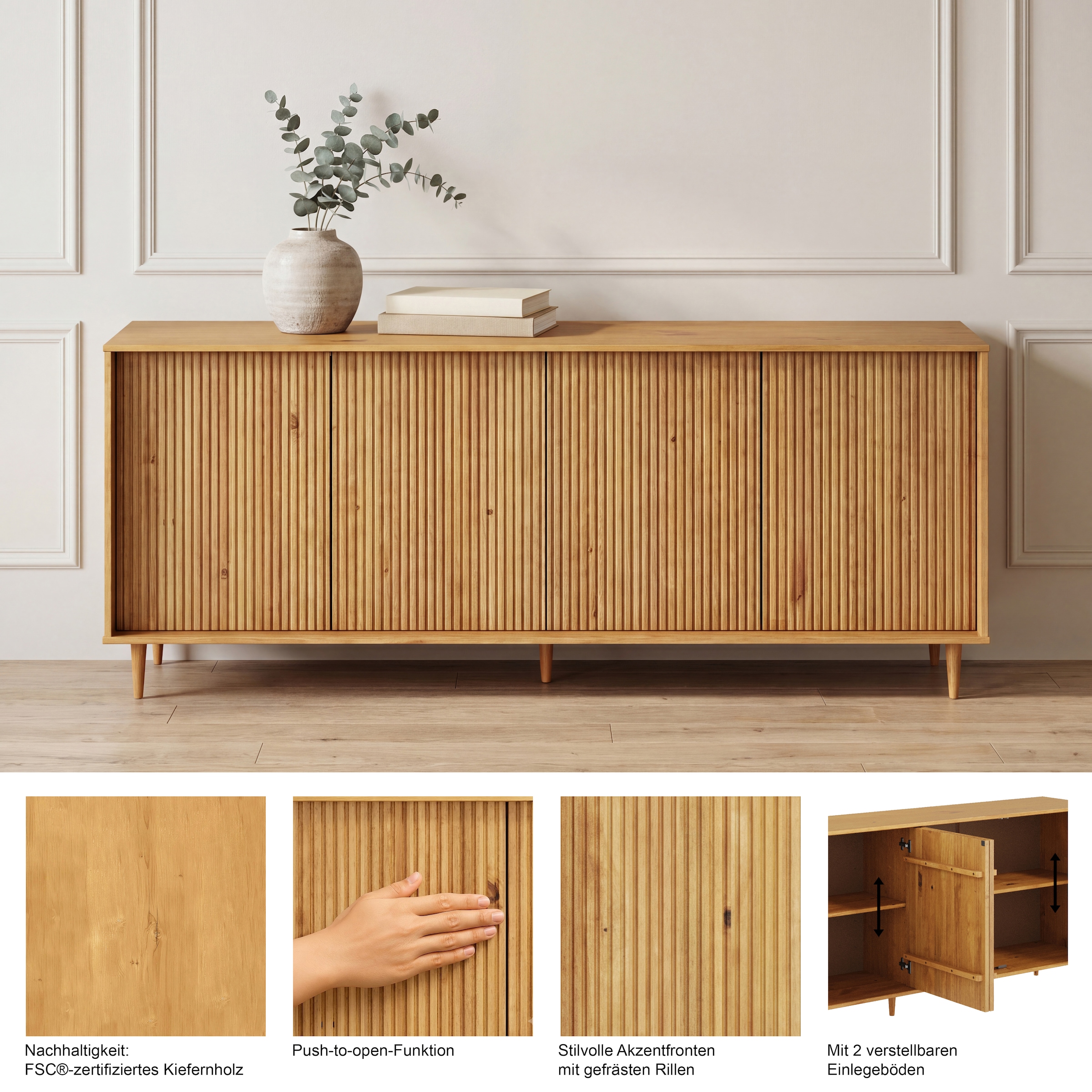 OTTO home Sideboard »Malmedy Front mit gefrästen Rillen« Kommode aus massivem Kiefernholz, Push-to-open, FSC, Breite 200 cm