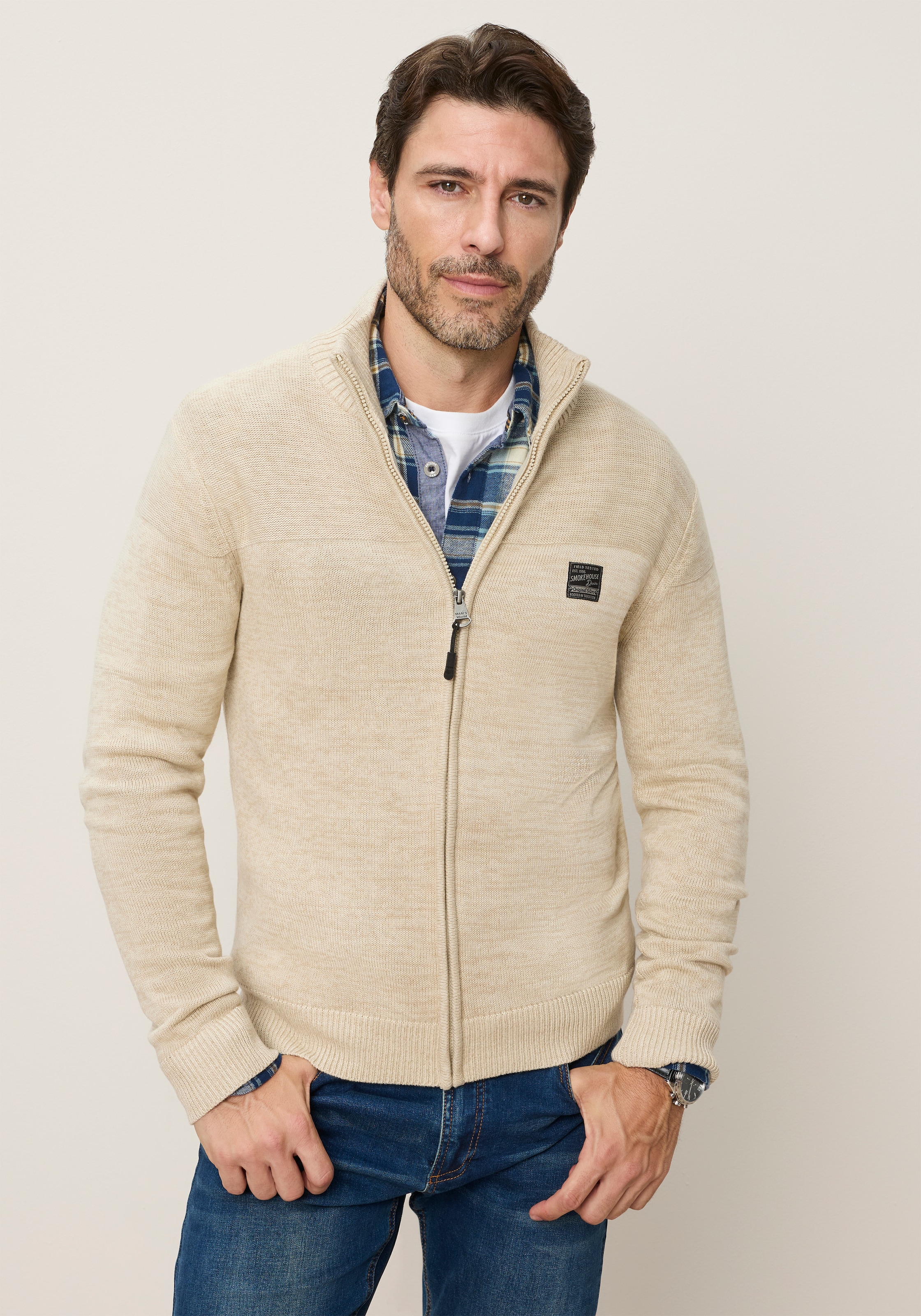 Mans World Strickjacke "Neue Kollektion Highlight 2 Strickstrukturen" Regular Fit, mit melierter Optik, mit Stehkragen