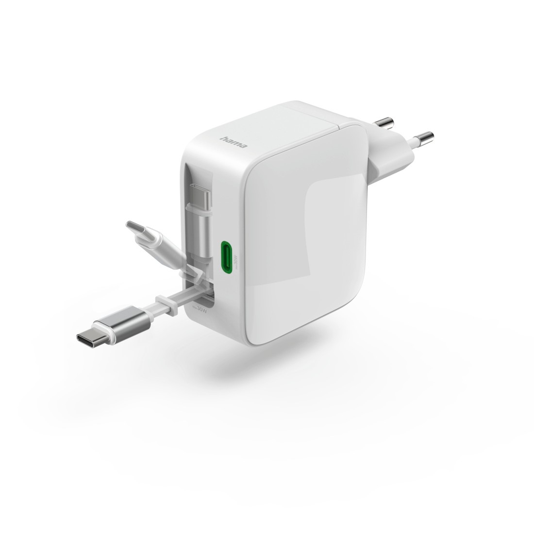 Hama Schnelllade-Gerät »Schnellladegerät mit ausziehbarem Ladekabel, 2x USB-C, 30 W, Weiß« Power Delivery, Fast Charge, GaN-Technologie, USB-C-Kabel integriert