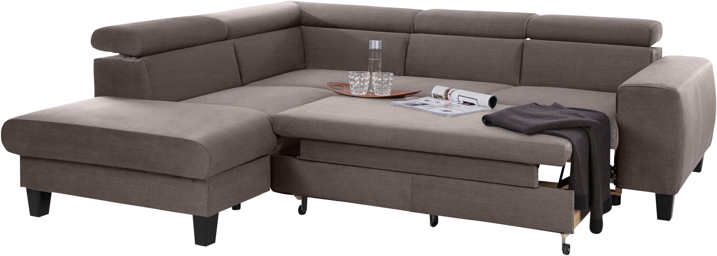 Ecksofa COTTA "Morven L-Form", grau (taupe), B:249cm H:75cm T:207cm, Microfaser PRIMABELLE (100% Polyester);Flachgewebe (100% Polyester);Samtvelours (100% Polyester), Sofas, Ecksofa, wahlweise mit Bettfunktion, Bettkasten & Wireless-Charger 9
