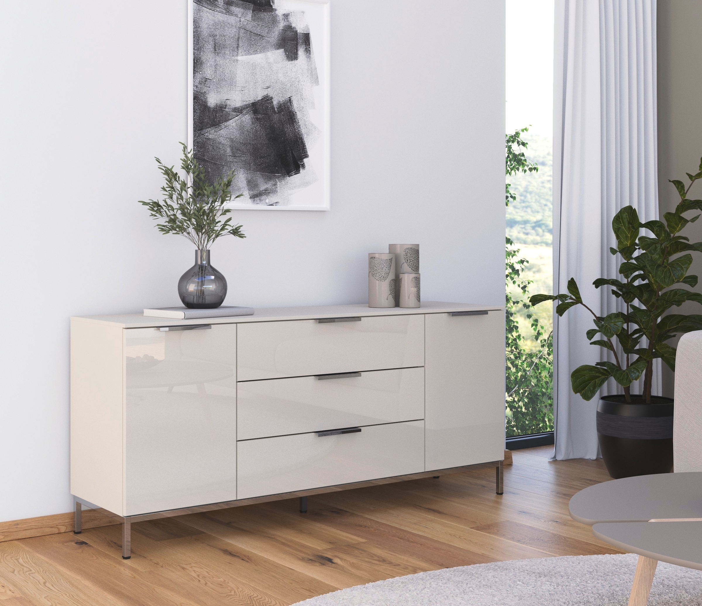 rauch Kombikommode »Kommode Türkommode Sideboard Kombikommode FLIPP mit Glasfront«, (Breite 160 cm mit 2 Einlegeböden), 2-türig mit 3 Schubladen und Soft-Close-Funktion sowie Glasfront