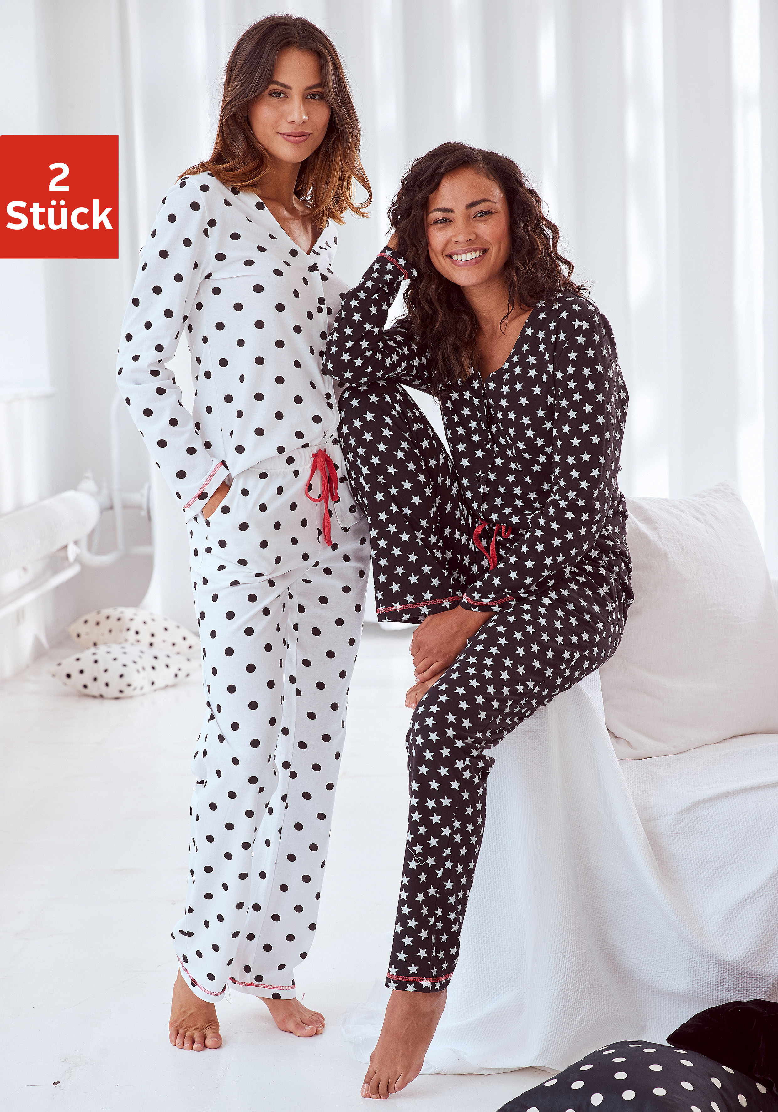 Vivance Dreams by Lascana Pyjama Packung, 4 tlg. mit großen Punkten und Sternen
