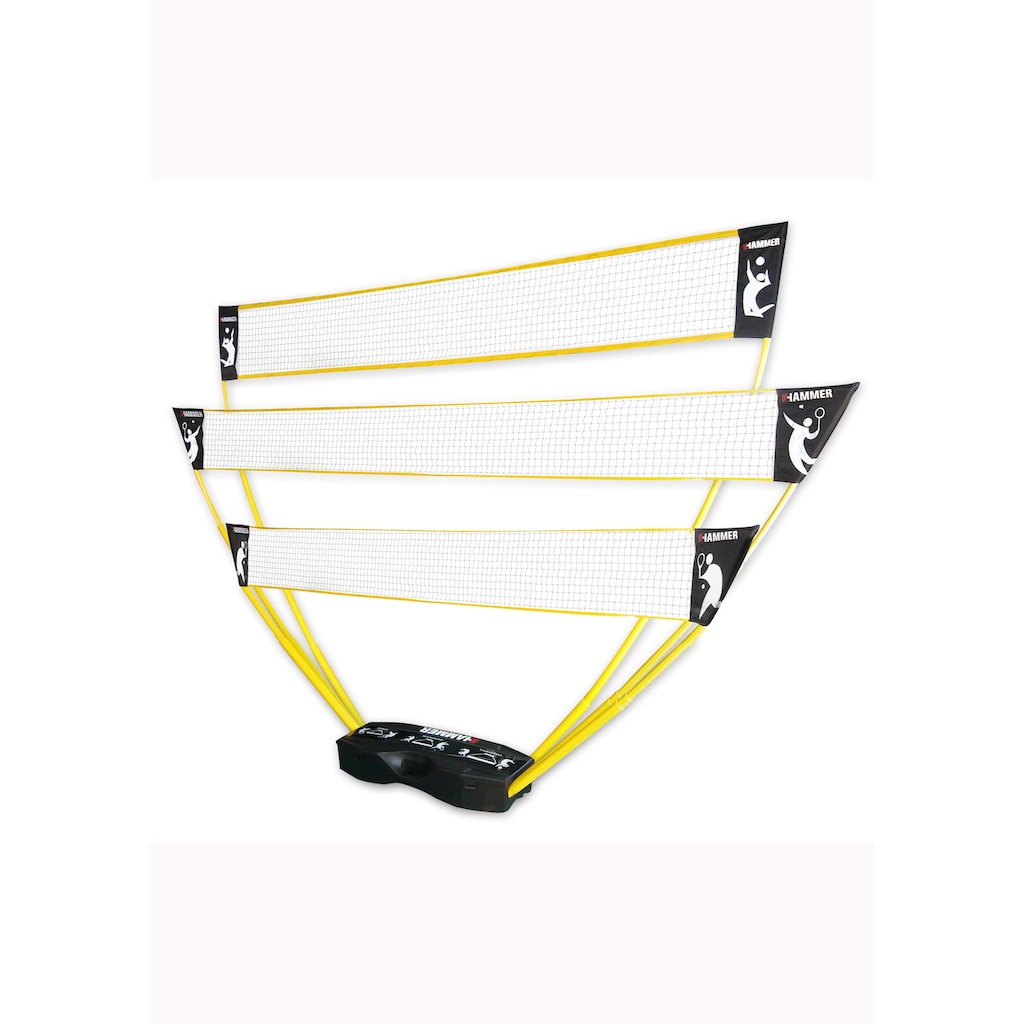 Hammer Tennisnetz, (Tragekoffer, Netze, Teleskop Netzpfosten, Bodenanker), 3in1 Netz-Set für Badminton, Tennis und Volleyball