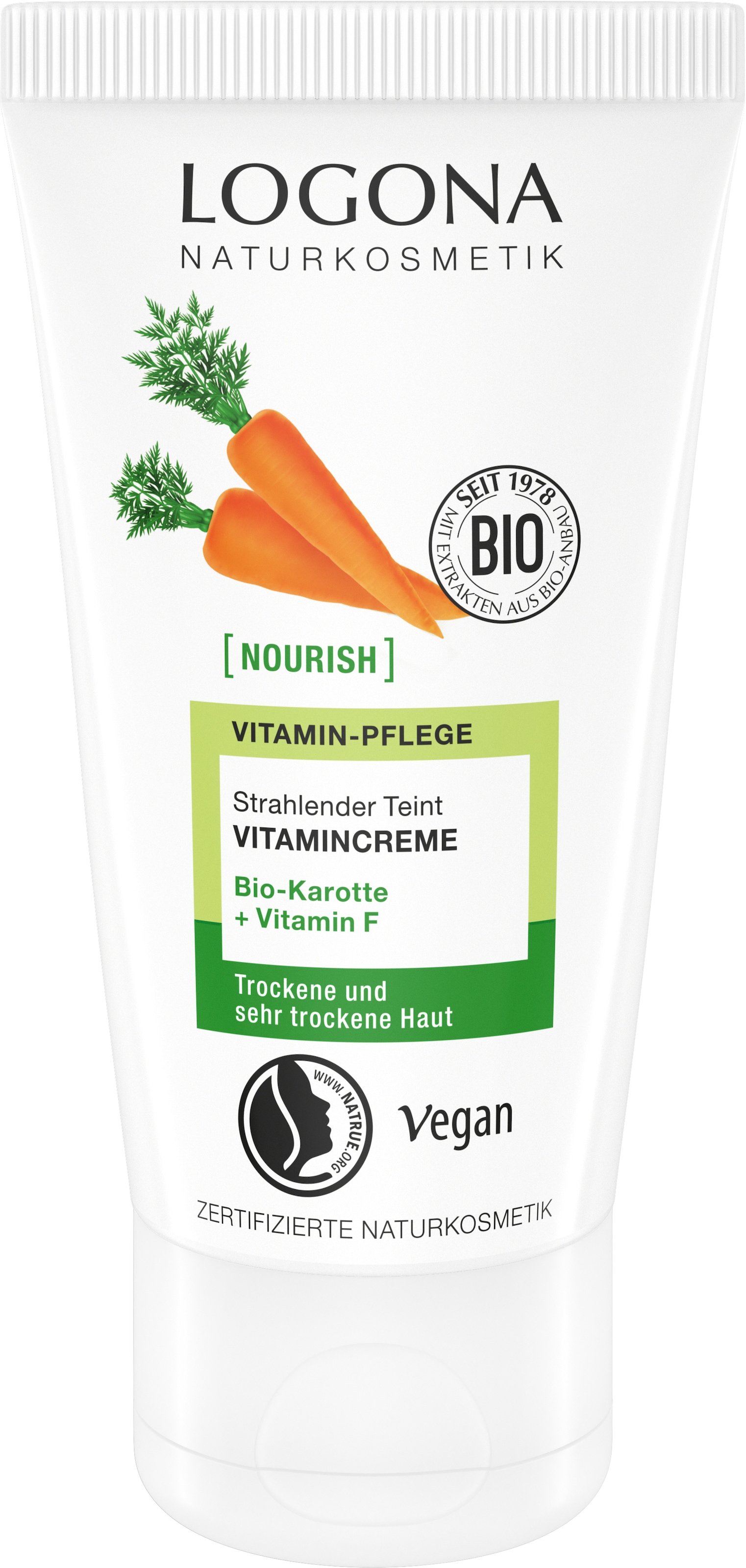 LOGONA Gesichtspflege »NOURISH strahlender Teint Vitamincreme mit Bio-Karotte + Vitamin F« Gesichtspflege, für sehr trockene Haut und trockene Haut, vegan