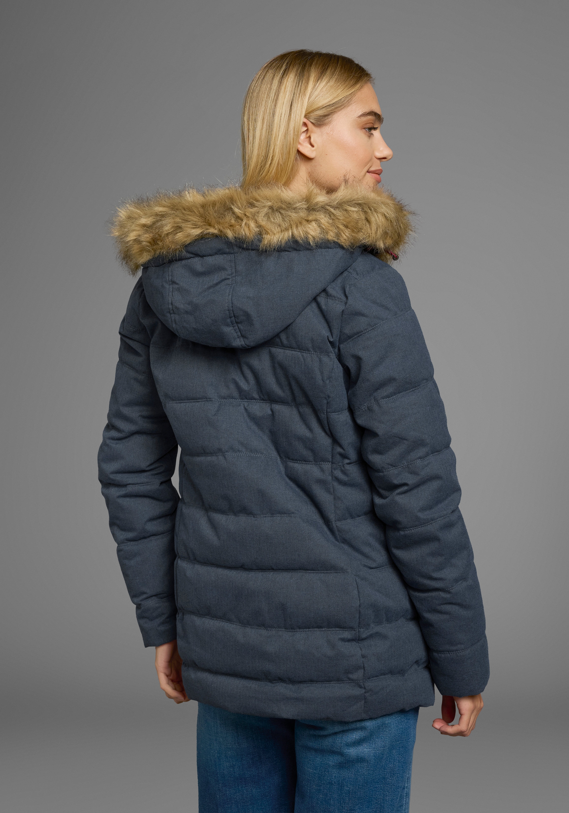 Polarino Steppjacke, mit Kapuze, mit abnehmbarer Kapuze, mit Fellimitat, viele Taschen