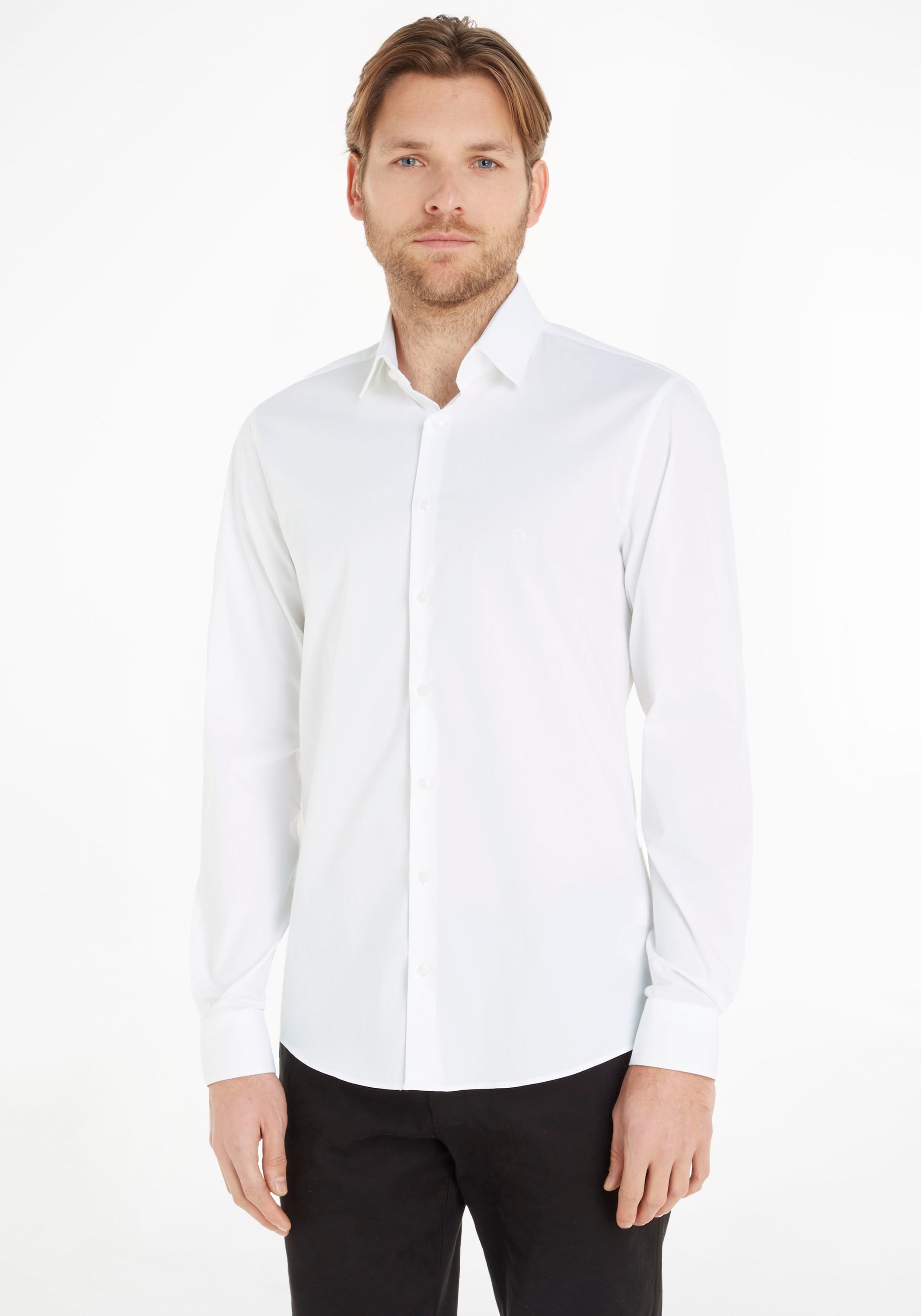 Calvin Klein Businesshemd "POPLIN STRETCH SLIM SHIRT", mit Kentkragen, Logoprint auf Brusthöhe