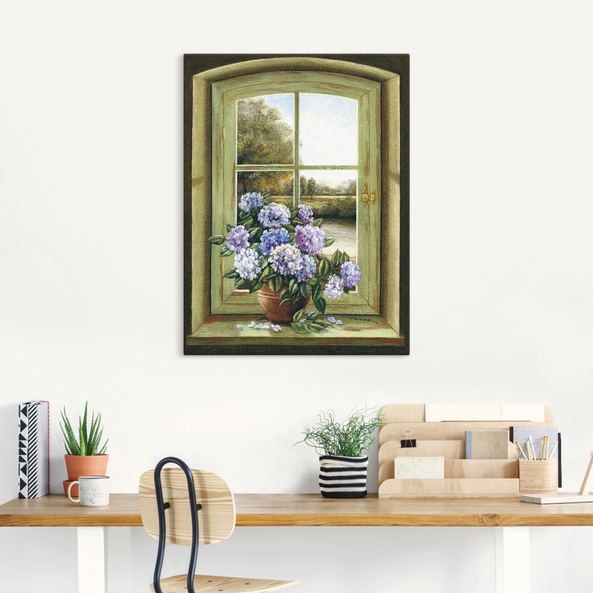 Artland Wandbild »Hortensien am Fenster«, Arrangements, (1 St.), als Alubild, Outdoorbild, Leinwandbild, Poster, Wandaufkleber