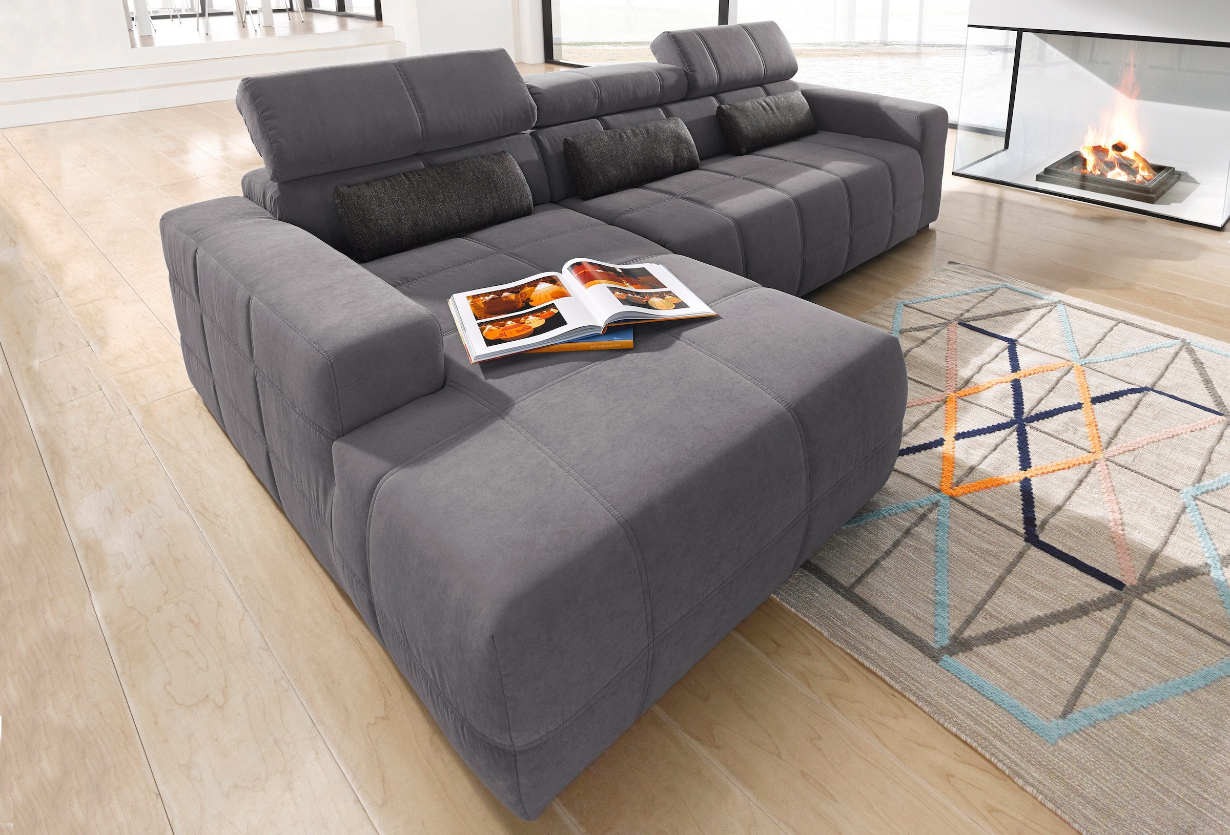 DOMO collection Ecksofa "BRANDON 289x177 cm, belastbar bis 140 kg/Sitz, L-Form" mit Sitztiefenverstellung, Luxus-Microfaser, dunkelgrau