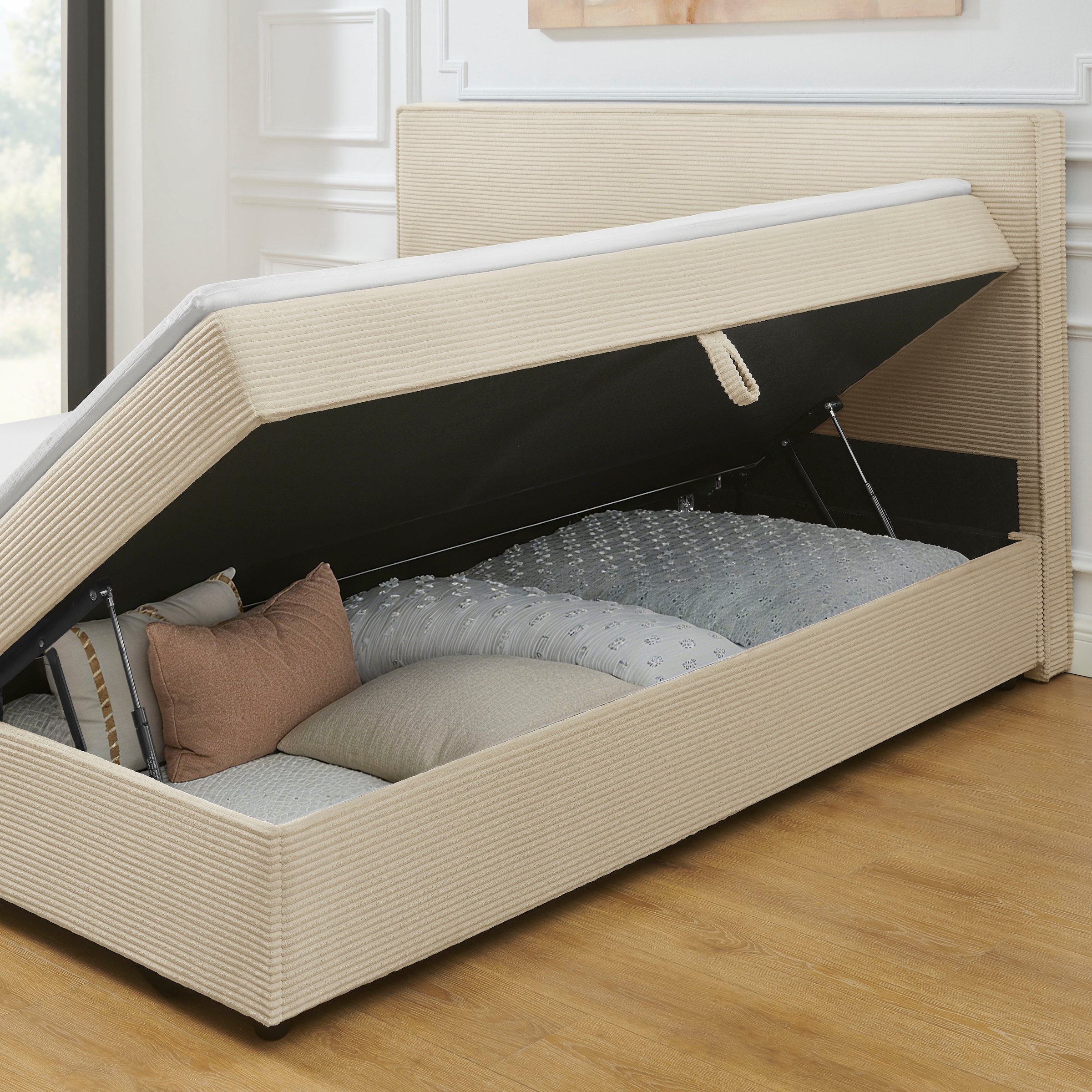 OTTO home Boxbett »Eliaas inkl. Bettkasten und Topper, Liegefläche 180x200cm« erhältlich in hochwertigem Cord-Stoff und der Größe 180x200cm