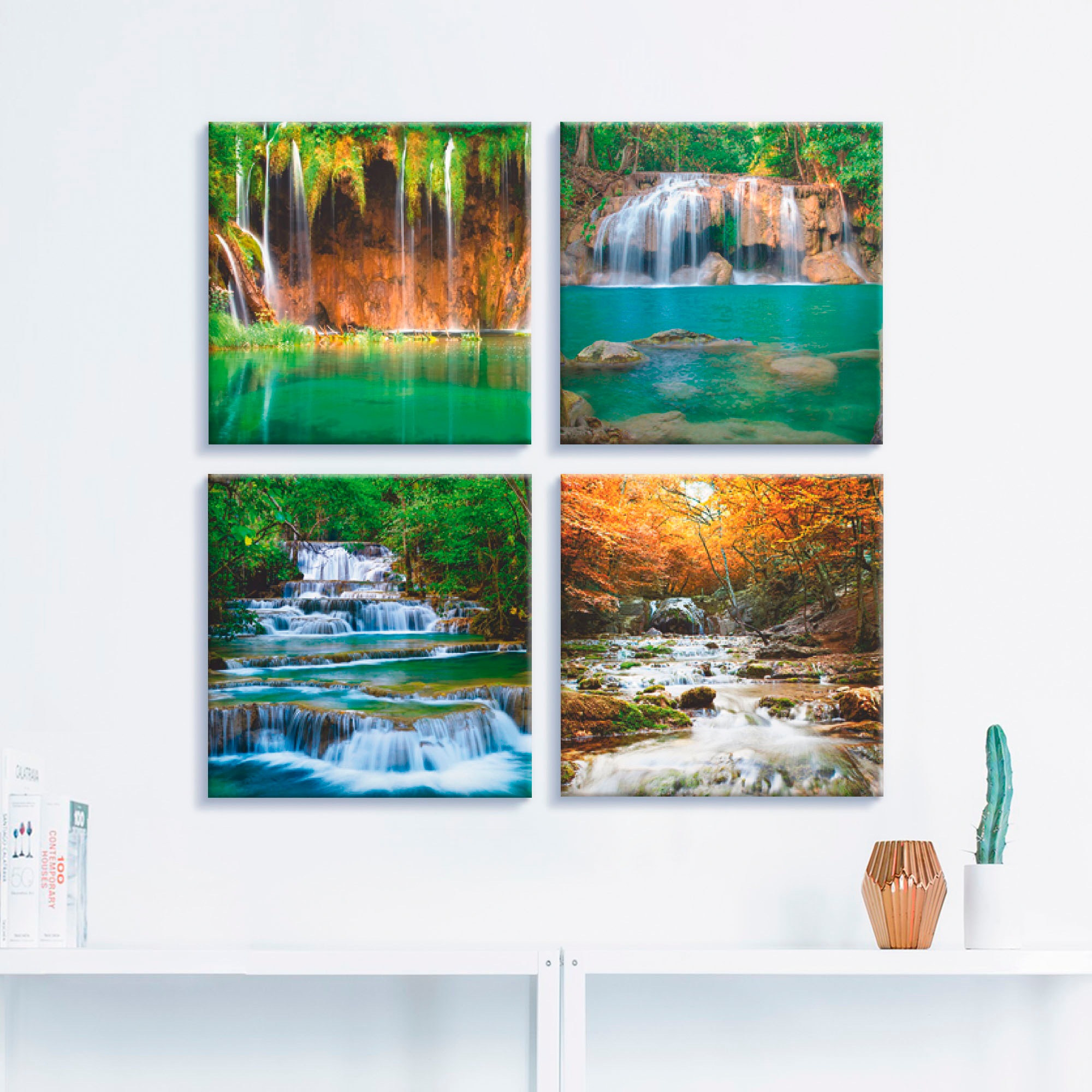 Artland Leinwandbild "Schöner Wasserfall im Wald" Gewässer 4 Stk. tlg. 4er günstig online kaufen