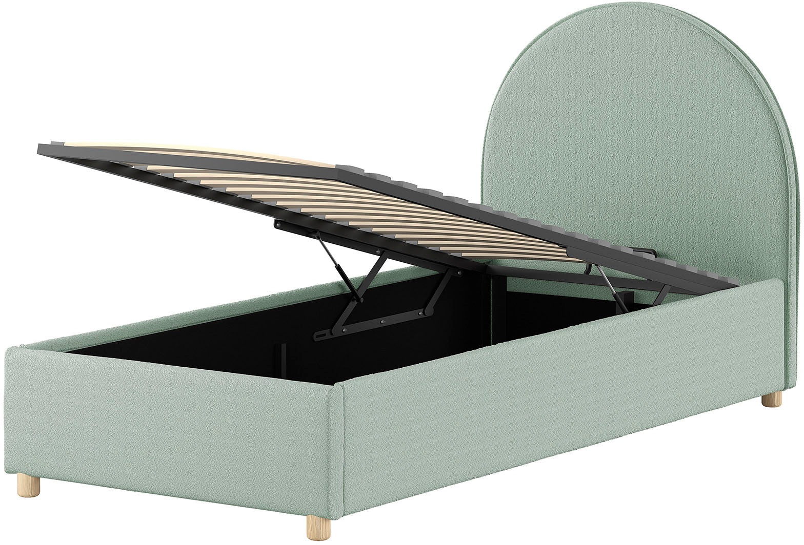 Vipack Boxbett »Moon, mit Lattenrost und Stauraum, modernes Design«, (gerundetes Kopfteil und in 2 Breiten erhältlich), inkl. Massivholz Füßen in natur, 3 Stoff Farben zur Auswahl