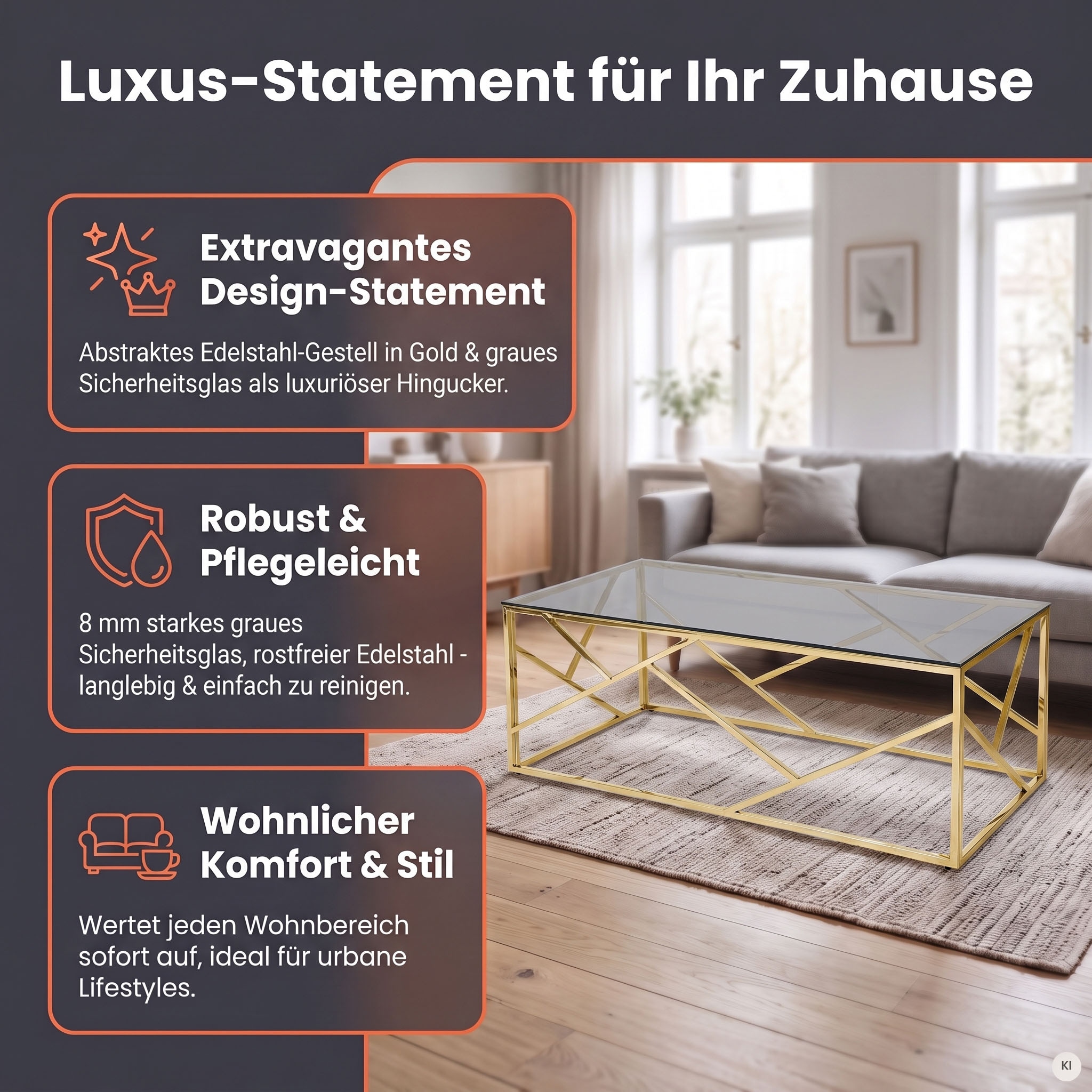 SalesFever Couchtisch »Glastisch mit stilvoller Eleganz« Edelstahlgestell - rostfrei und langlebig