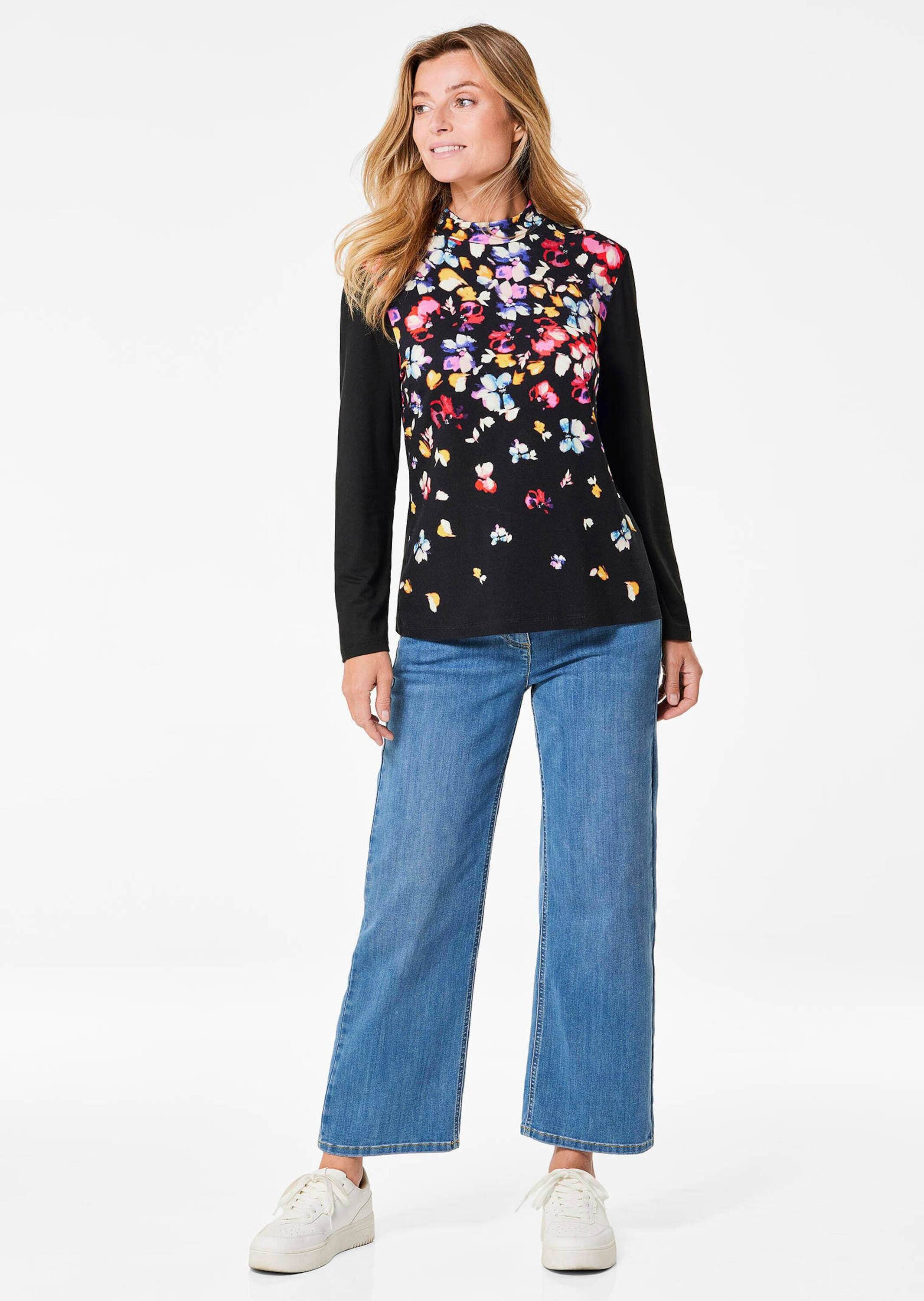 GOLDNER Print-Shirt "Kurzgröße Druckshirt mit anschmiegsamem Stehkragen" Schöner, floraler Frontprint