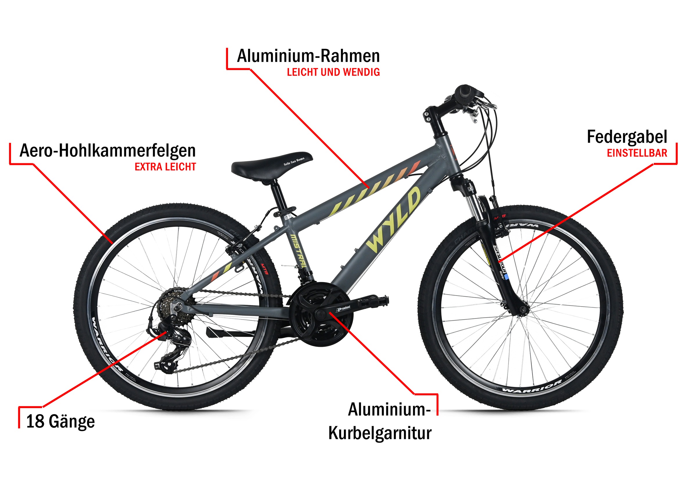 WYLD Kinderfahrrad »Mistral Grau 18 Gänge RH 32 cm - Ab 8 Jahre« 18 Gang Kettenschaltung