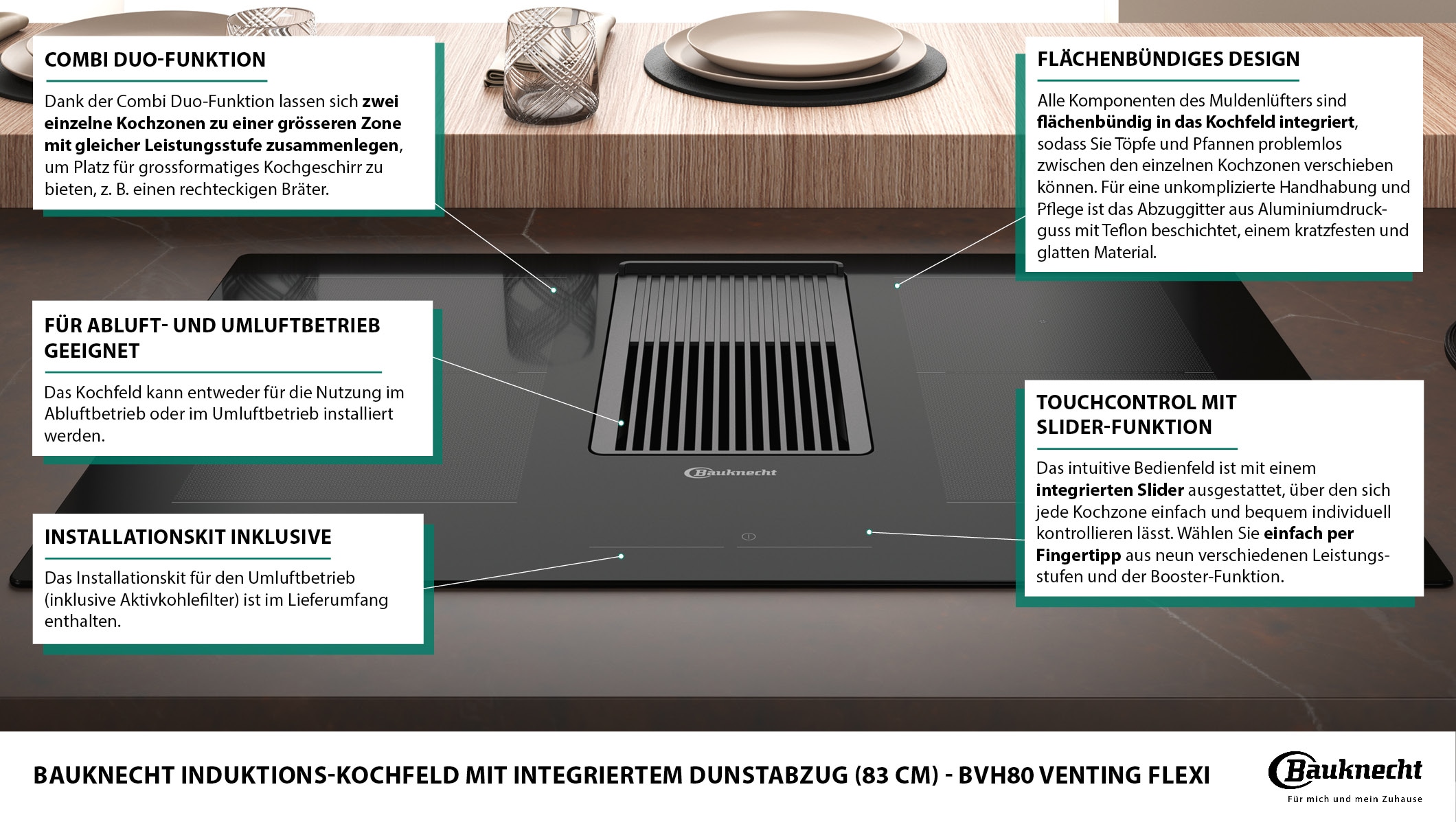 BAUKNECHT Kochfeld mit Dunstabzug »BVH80 Venting Flexi«, BVH80 Venting Flexi, inkl. komplettem Installations-Zubehör für Kanalführung