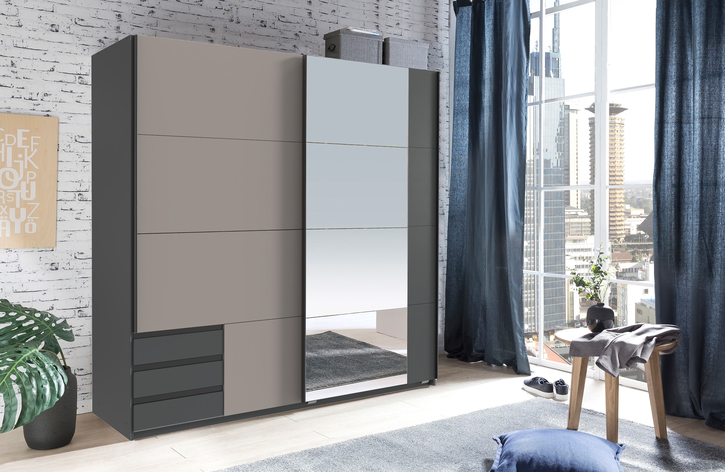 Wimex Schwebetürenschrank »Emden moderner Kleiderschrank mit Spiegel und Schubladen BESTSELLER«, Schlafzimmer Schrank Garderobenschrank mit Schwebetüren Topseller