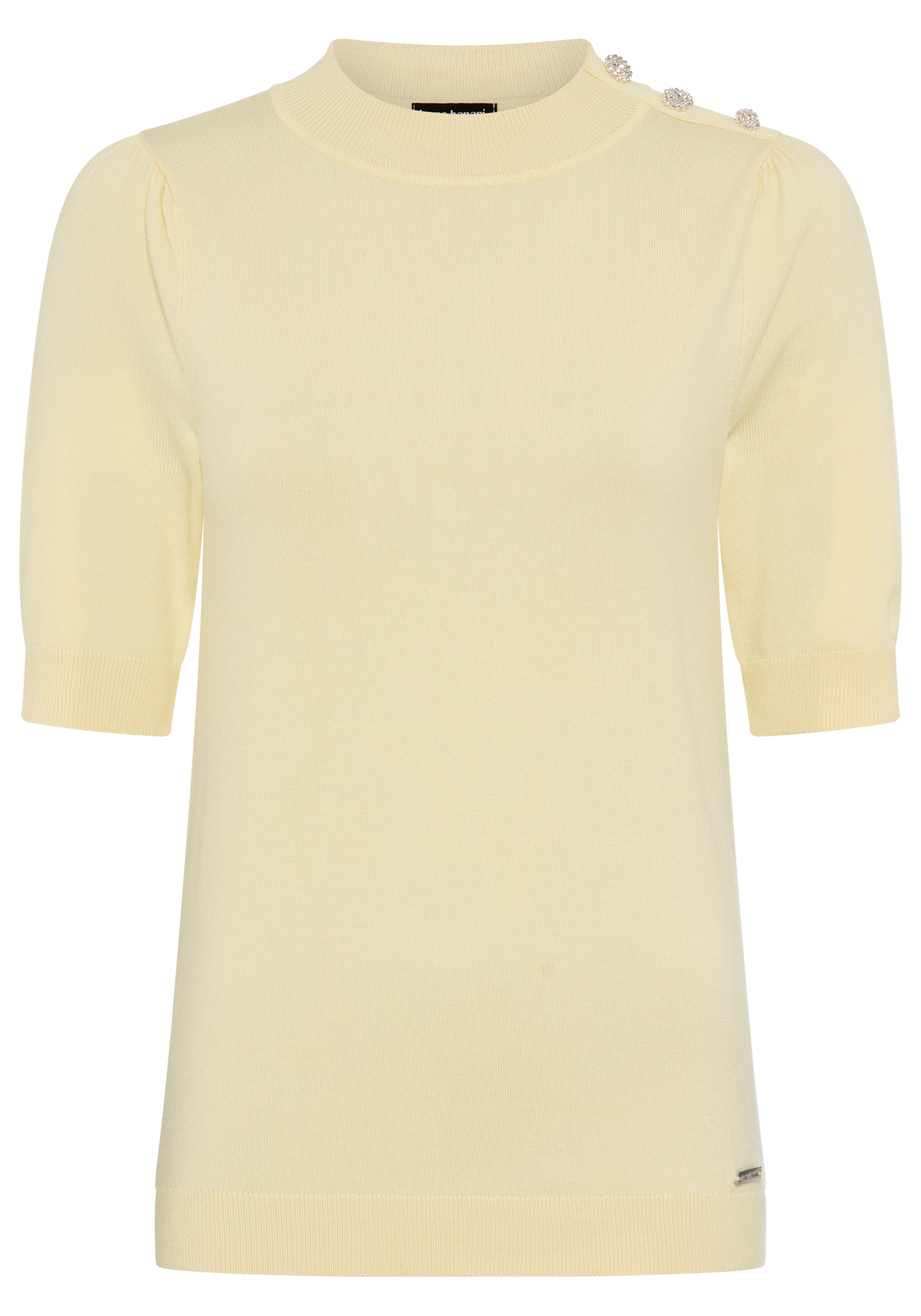 Bruno Banani Kurzarmpullover mit Glitzerknöpfen, Trendfarbe - Butter Yellow