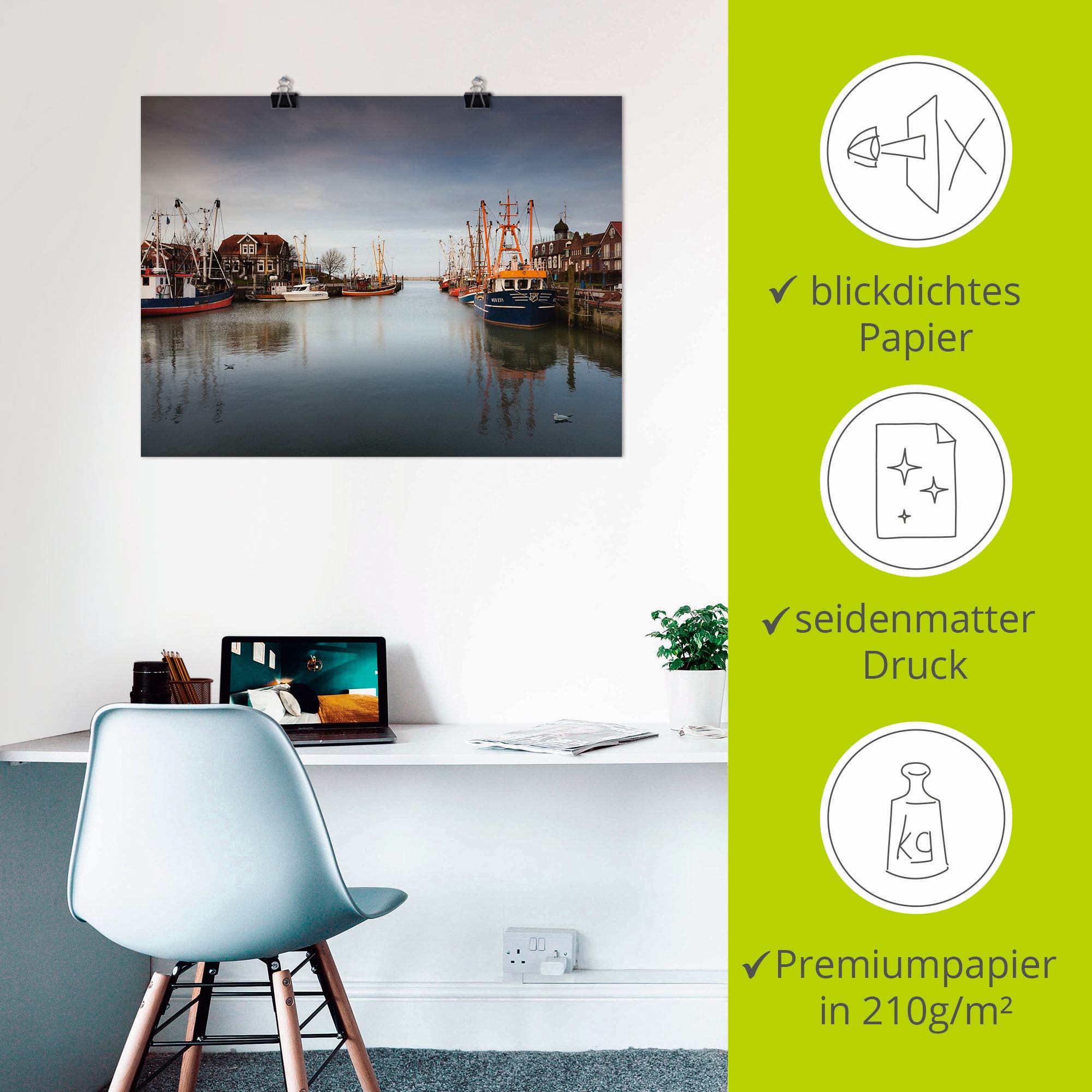 Artland Poster »Im Hafen der Stille...«, Boote & Schiffe, (1 St.), als Leinwandbild, Wandaufkleber oder Poster in versch. Größen
