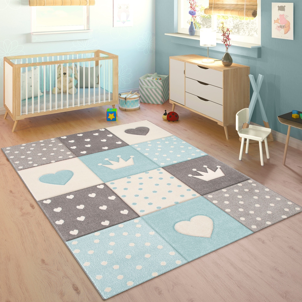 Paco Home Kinderteppich »Cosmo 339«, rechteckig, Kurzflor, Pastell-Farben, 3D-Effekt, Motiv Herz, Punkte & Krone