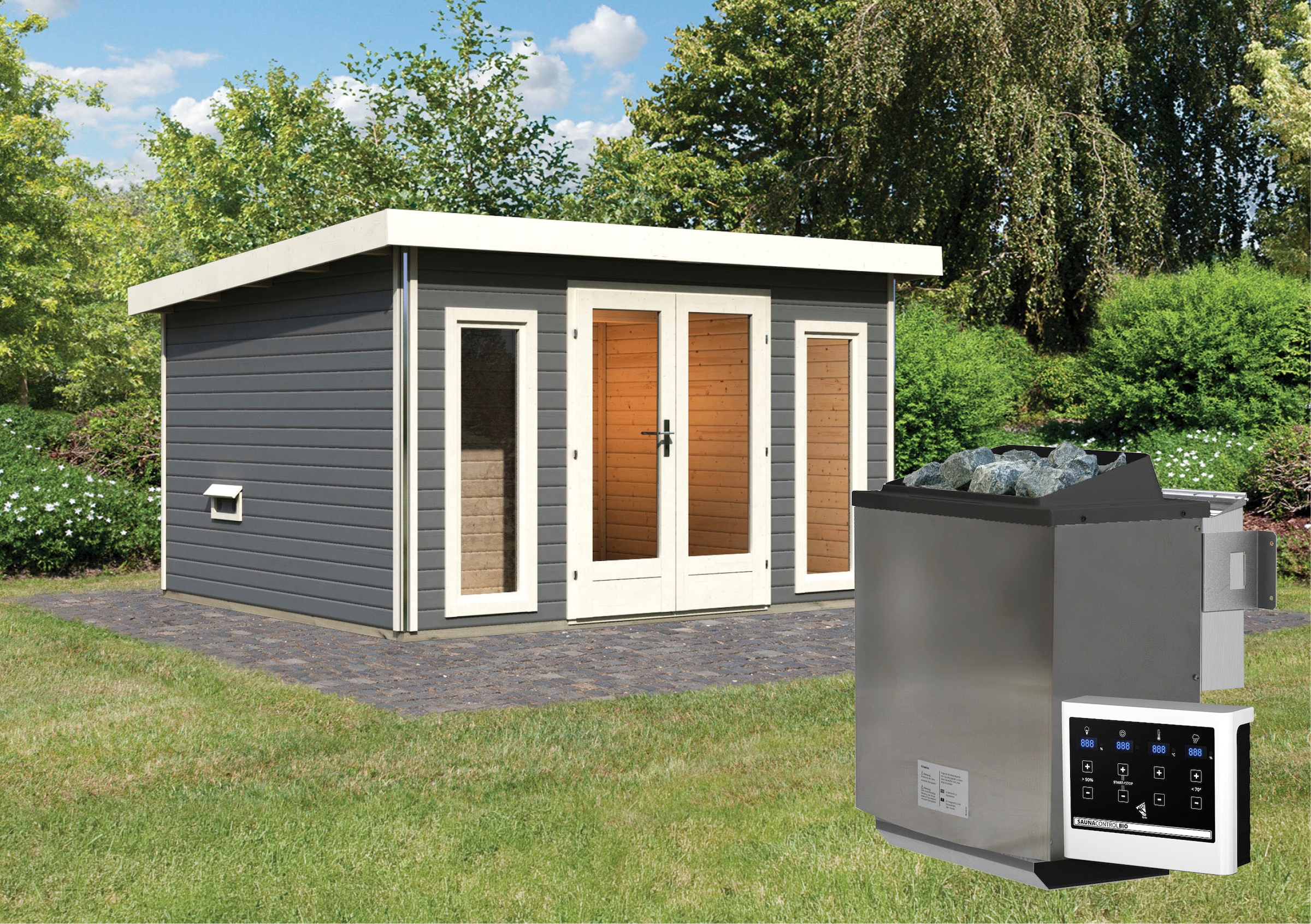 Karibu Saunahaus »Maiko 2B«, Ofen 9 kW Bio ext. Strg.