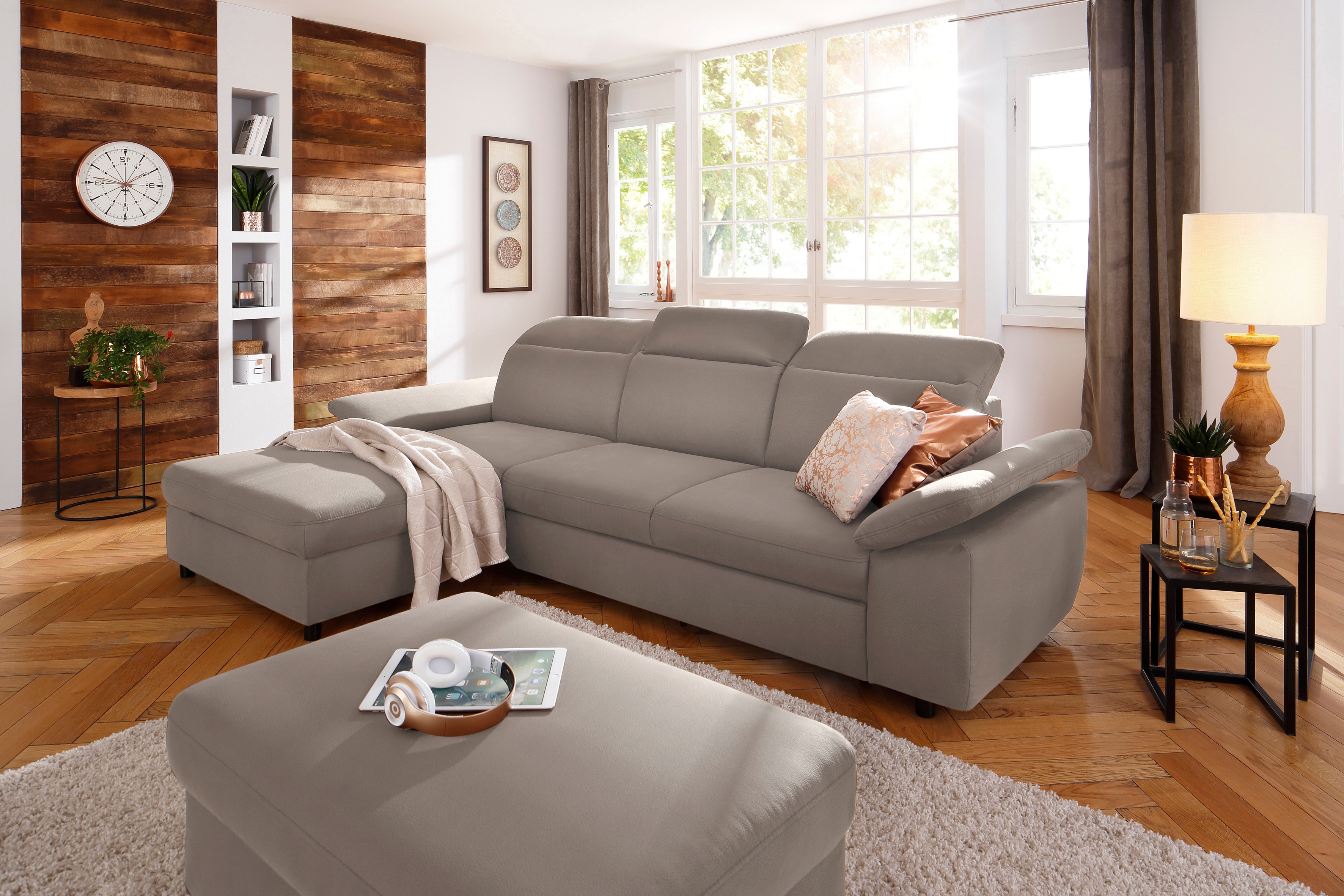OTTO home Ecksofa "Mauritius L-Form" mit Kopfteil- und Armlehnverstellung, Schlaffunktion & Bettkasten