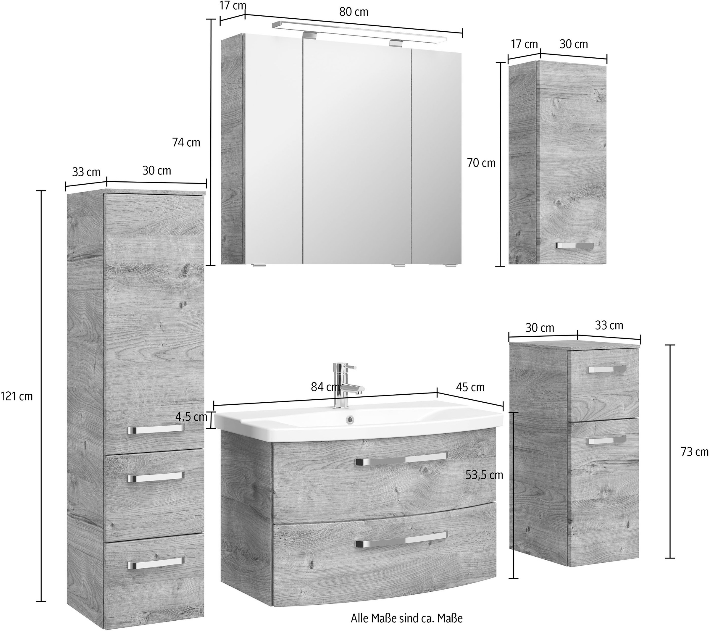 Saphir Badmöbel-Set »Serie 4010 5-teilig Keramik-Waschtisch mit LED-Spiegelschrank«, (Set), Bad Set mit Unterschrank, Hängeschrank, Midischrank, inkl. Türdämpfer
