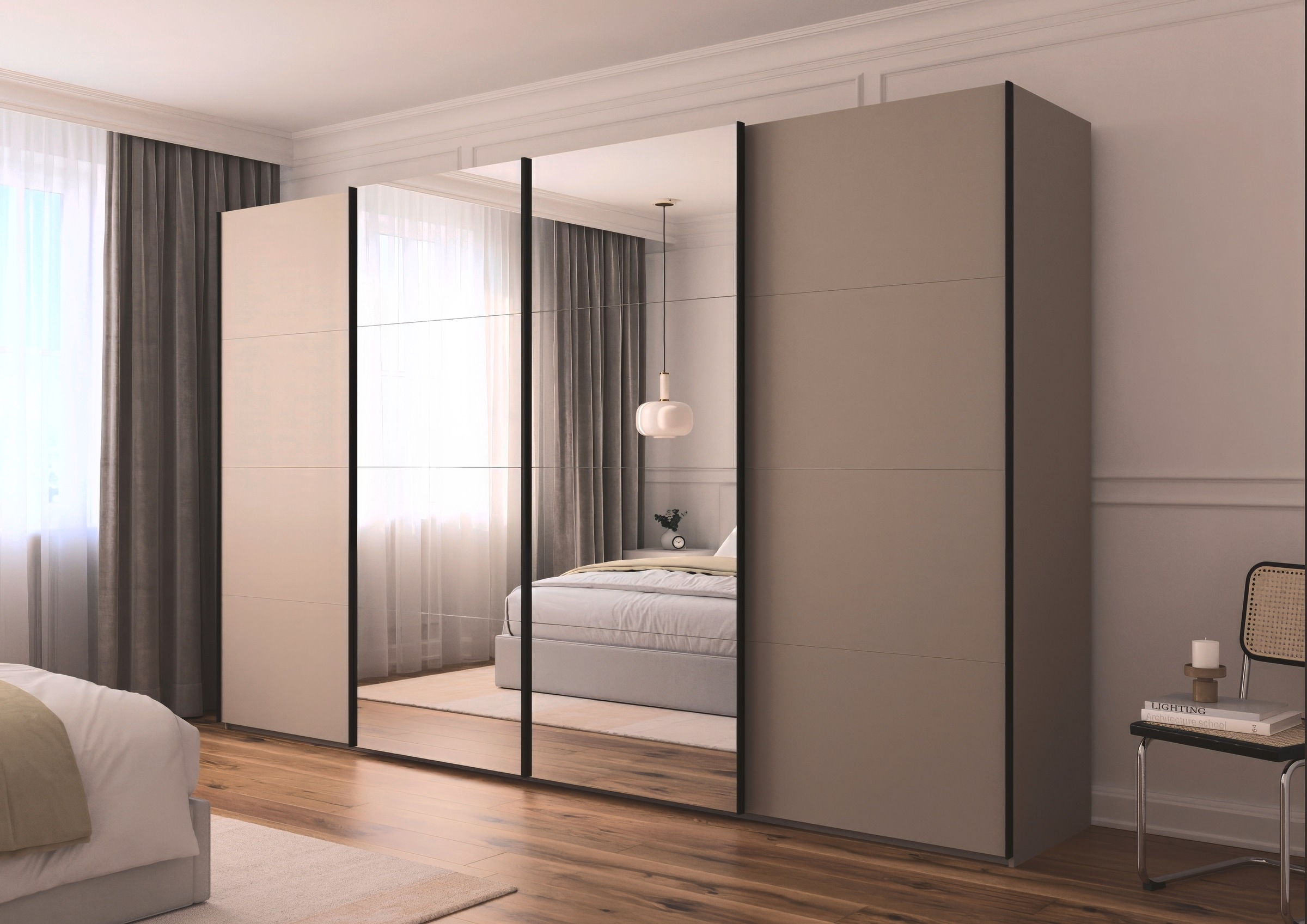 rauch Schwebetürenschrank »Kleiderschrank Schrank Garderobe Schlafzimmerschrank SCALE-FYRA«, edle viergeteilte Türen mit Spiegel und vielen Farben MADE IN GERMANY