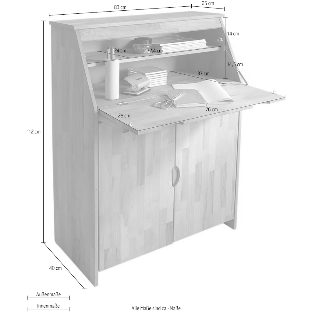 Woltra Sekretär »Luzern, Schreibtisch,«, kompakter Home-Office-Tisch, Massivholz, Breite 83 cm