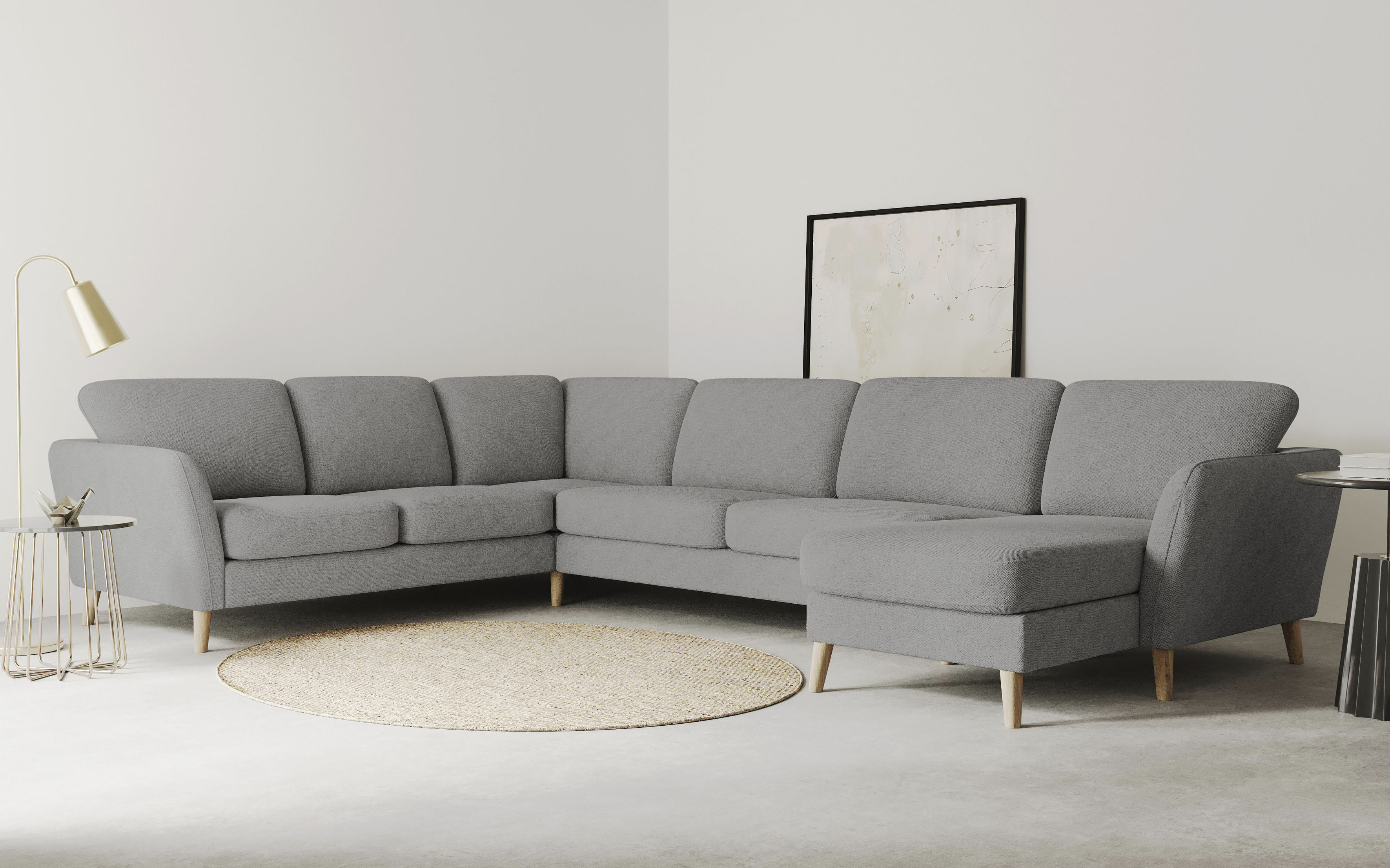 OTTO home Wohnlandschaft "MARSEILLE XXL 349cm, U-Form, Ottomane rechts/links wählbar" Massivholzbeine Eiche, Landhausstil, Wellenunterfederung