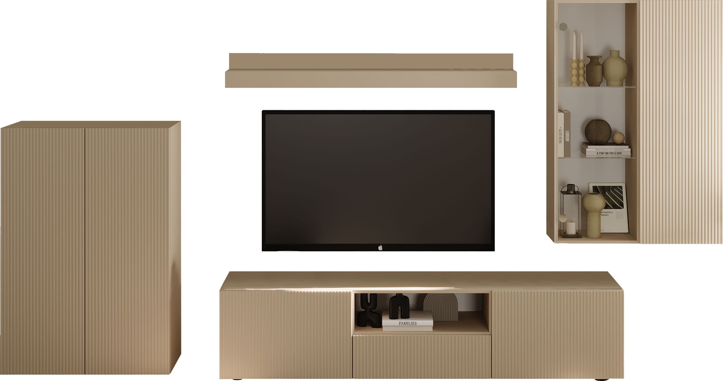 INOSIGN Wohnwand »Rio, 4tlg. Breite 300 cm, modernes, elegantes Wohnzimmer-Set«, (4 St.), (Lowboard, Highboard, Hängevitrine, Wandboard), Front geriffelt