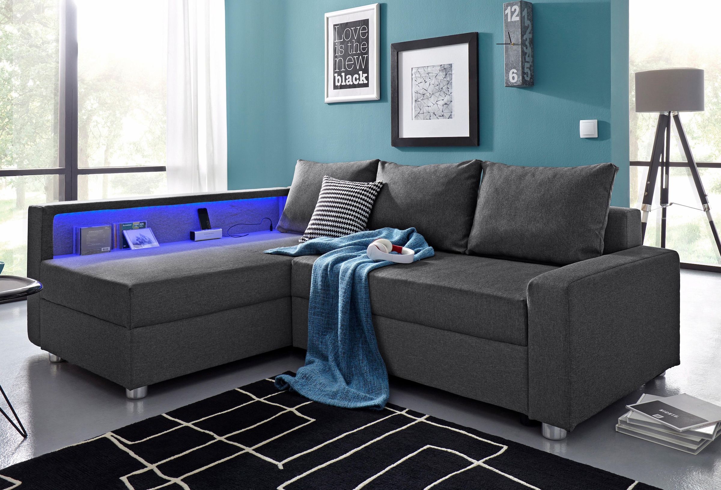 COLLECTION AB "Relax L-Form, B: 223 cm" Schlaffunktion, Bettkasten, Regal & 1 Zierkissen, optional Licht