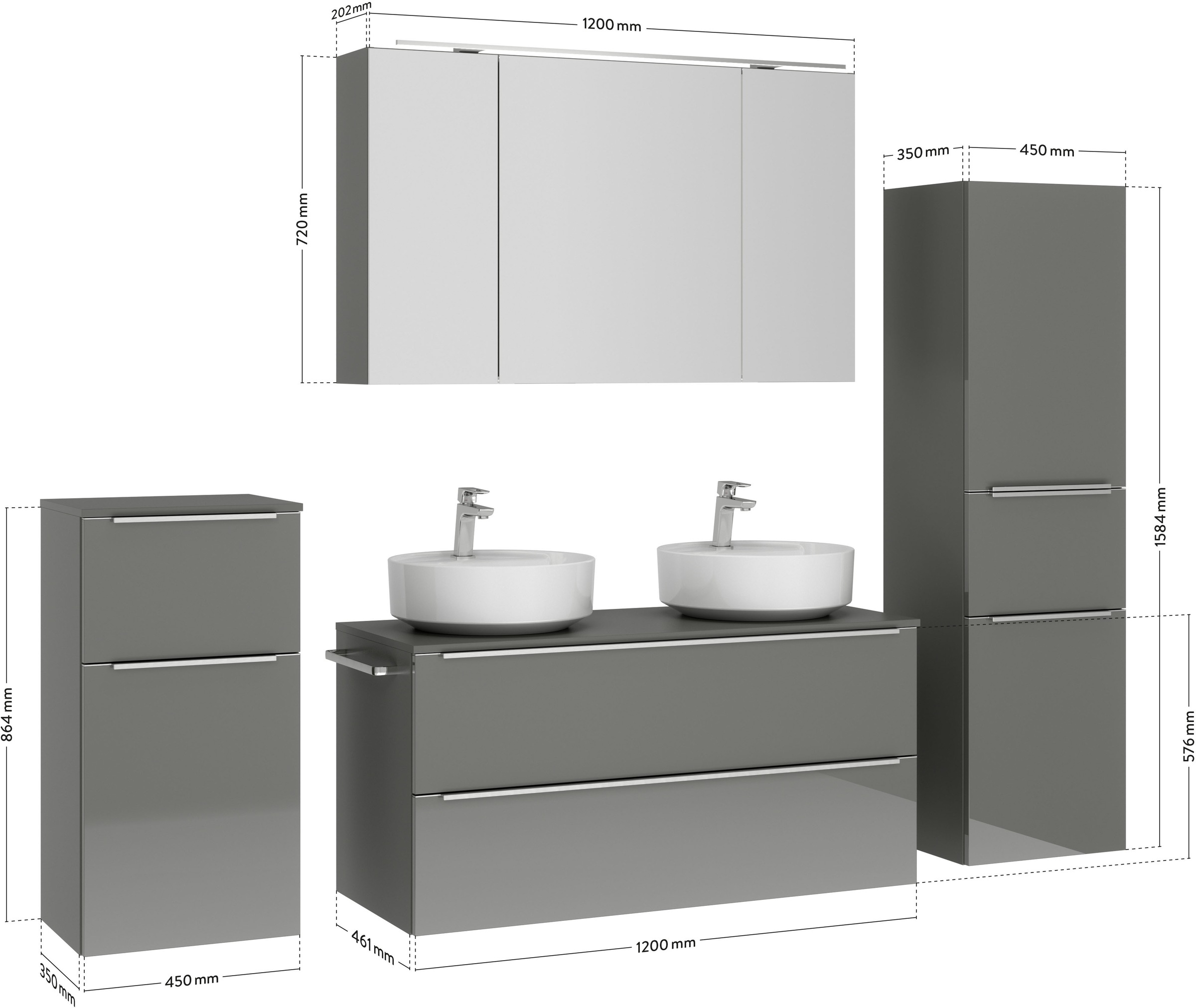 nobilia® Badmöbel-Set »Alvene«, (4 St., vormontiert, mit Soft-Close), inkl. Spiegelschrank mit Beleuchtung und Dimmerfunktion, in 4 Breiten